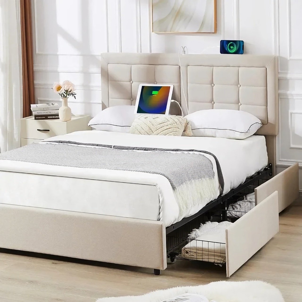 775d2f461c192a96d2b8c2f77eb6efb1.jpeg-full Upgrade your bedroom with the ultimate blend of style, comfort, and practicality. Our Queen Size Bed Frame features four spacious storage drawers, a tufted upholstered headboard, and built-in USB charging ports, offering both elegance and modern convenience. The adjustable headboard ensures customized comfort, while the solid wood slats and noise-free design promise durability and a peaceful sleep. With a sleek design and ample storage, this bed frame is perfect for keeping your bedroom organized and stylish. Easy to assemble and built to last, it’s the perfect addition to any contemporary home.