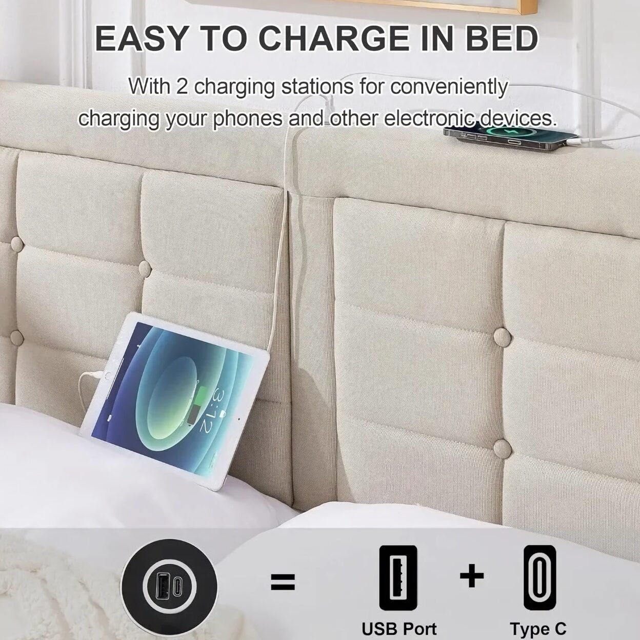 8abe0411b80812dc711a343005dc3212.jpeg-full Upgrade your bedroom with the ultimate blend of style, comfort, and practicality. Our Queen Size Bed Frame features four spacious storage drawers, a tufted upholstered headboard, and built-in USB charging ports, offering both elegance and modern convenience. The adjustable headboard ensures customized comfort, while the solid wood slats and noise-free design promise durability and a peaceful sleep. With a sleek design and ample storage, this bed frame is perfect for keeping your bedroom organized and stylish. Easy to assemble and built to last, it’s the perfect addition to any contemporary home.