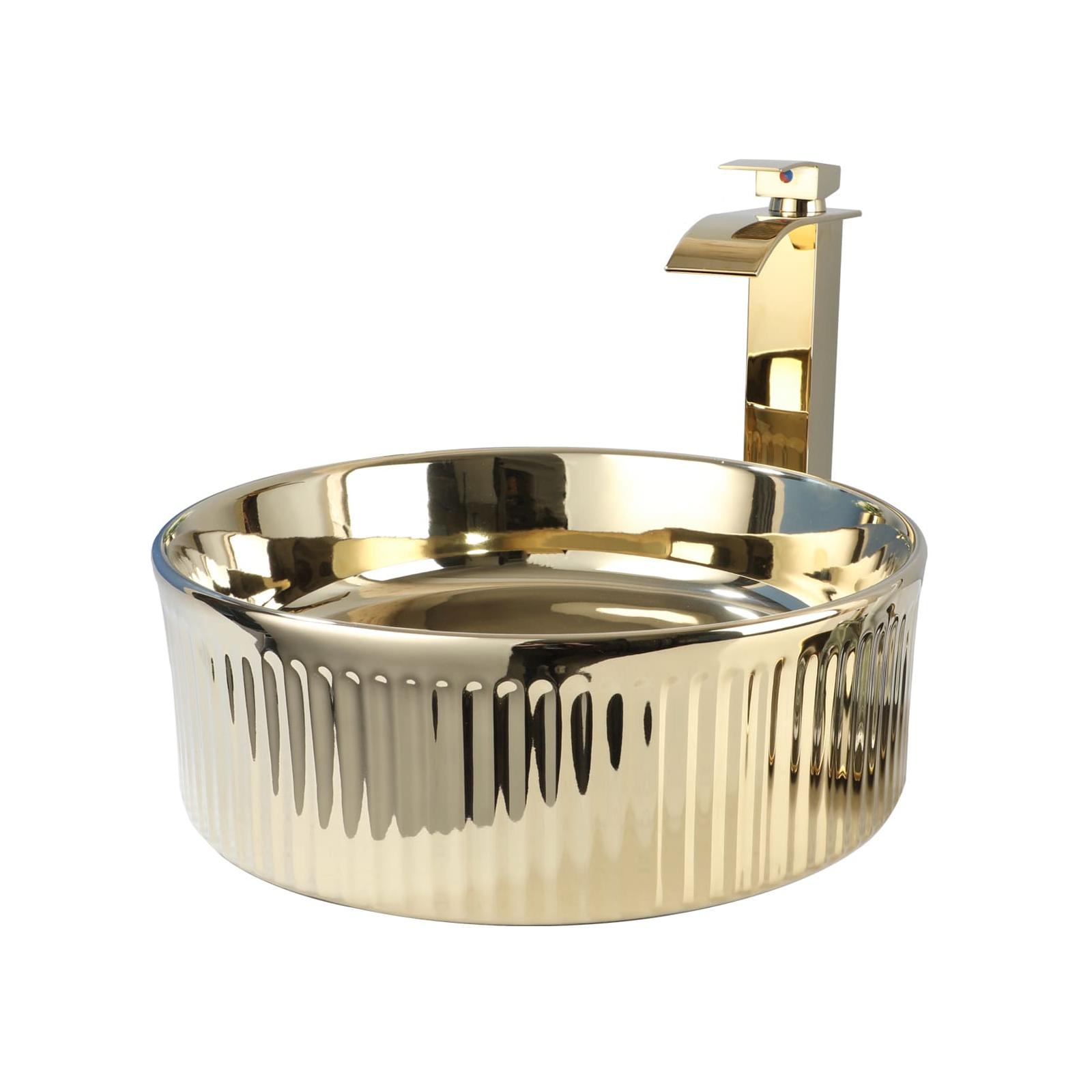 8d3528fa5b6ed2d7105ee78215f41371 Transform your bathroom into a luxurious retreat with our Luxury Gold Round Ceramic Vessel Sink and Faucet Combo. Featuring a traditional Chinese hand-painted blue and white floral design, this above-counter sink combines artistry with functionality. Crafted from high-quality ceramic and fired at 1300°C, each sink is a durable masterpiece, designed to withstand everyday use while maintaining its beauty. The gold-polished faucet perfectly complements the elegant design, making it an ideal choice for those seeking sophistication and style.