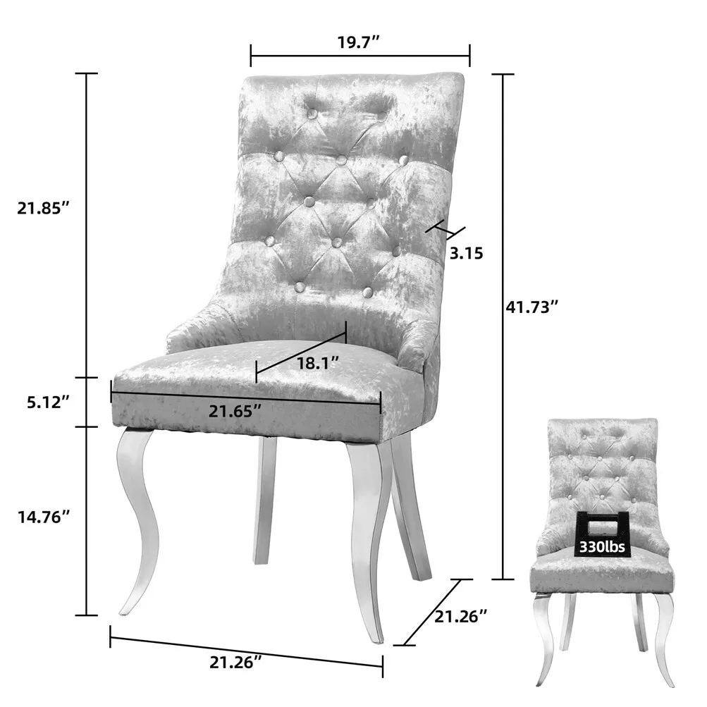 Transform your dining experience with the Extra Large Velvet Wingback Dining Chair, a perfect blend of luxury and comfort. Featuring a striking lion head knocker on the back and a button-tufted padded backrest, this chair adds sophistication to any dining room. Crafted with velvet fabric and a sturdy wood frame, it provides both durability and a plush sitting experience, while reinforced metal legs ensure stability. With a weight capacity of up to 330 pounds, it’s designed for both style and support. Ideal for dining, entertaining, or even as an accent chair in other areas of your home, this chair offers timeless elegance and lasting comfort.