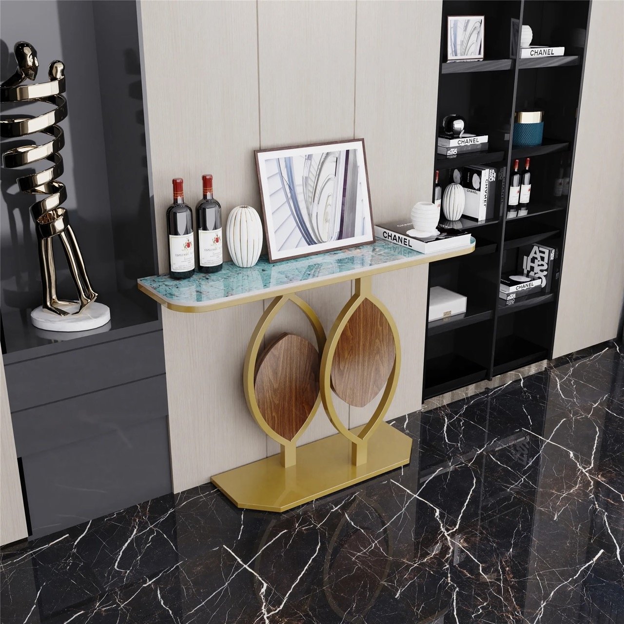 Add a touch of luxury to your home with the Modern Gold Console Table, featuring a sleek geometric metal base and a durable sintered stone top. Designed to complement any modern interior, this table blends contemporary style with practicality. The scratch-resistant, easy-to-clean sintered stone top ensures lasting beauty, while the gold-painted metal base offers stability and visual appeal. Measuring 47.2x11.8x30.7 inches, it provides ample space for displaying decorative items. Perfect for entryways, living rooms, or foyers, this console table combines elegance and functionality, making it an essential addition to your home.