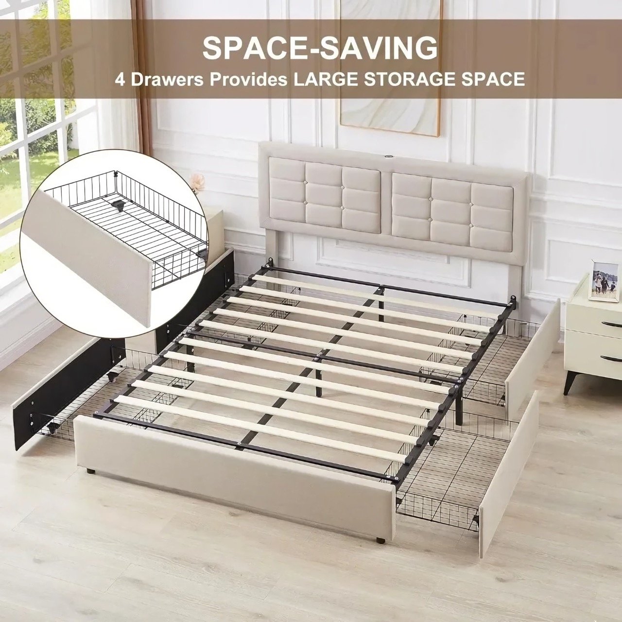 a2b8b9a33d71b3362f928dce965087a6.jpeg-full Upgrade your bedroom with the ultimate blend of style, comfort, and practicality. Our Queen Size Bed Frame features four spacious storage drawers, a tufted upholstered headboard, and built-in USB charging ports, offering both elegance and modern convenience. The adjustable headboard ensures customized comfort, while the solid wood slats and noise-free design promise durability and a peaceful sleep. With a sleek design and ample storage, this bed frame is perfect for keeping your bedroom organized and stylish. Easy to assemble and built to last, it’s the perfect addition to any contemporary home.