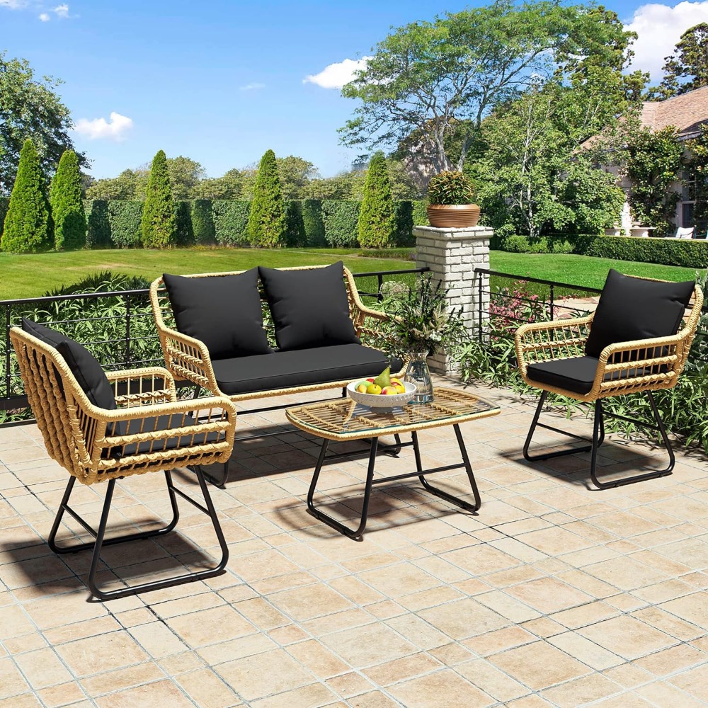 Transform your outdoor space with the All-Weather Outdoor Table and Chairs Set, designed for ultimate comfort and style. This elegant set includes two spacious chairs, a loveseat, and a sleek coffee table, all crafted from 60% wicker and 40% steel for durability. The detachable cushions provide cozy seating, while the elegant glass side table adds a modern touch to your patio or garden. Easy to assemble and perfect for any outdoor setting, this set offers comfort, style, and functionality—making it ideal for family gatherings or quiet moments of relaxation. Upgrade your backyard today!