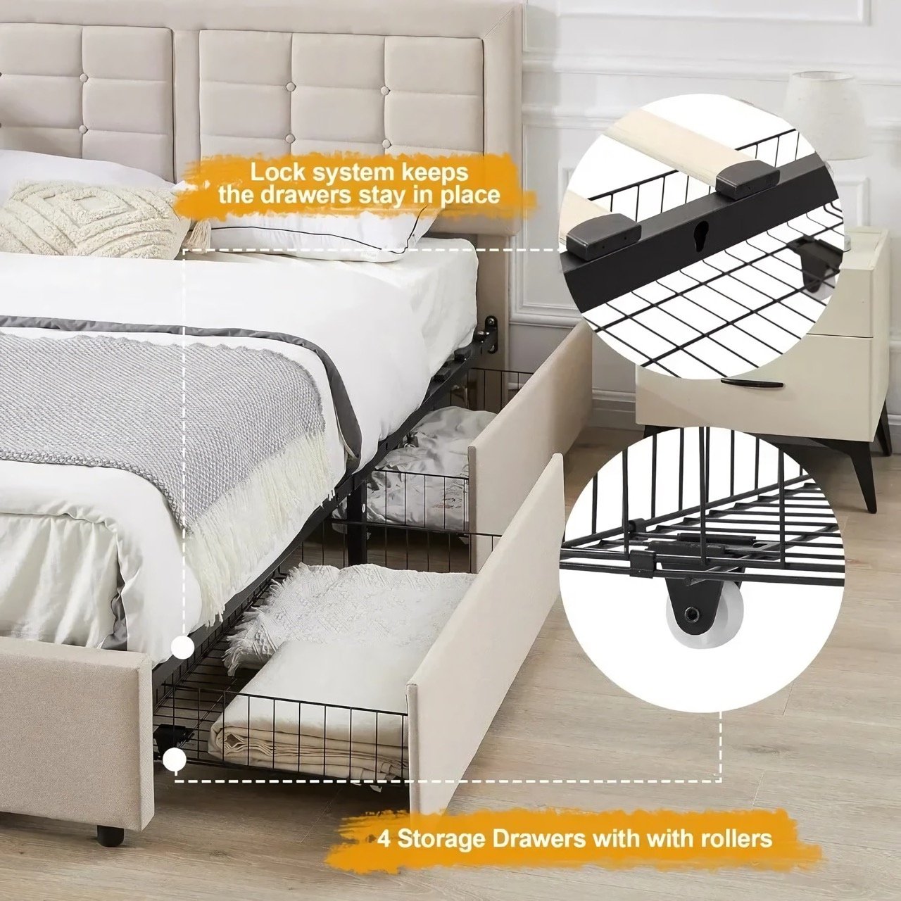 a53a896aa9703870ae80634e4a1163da.jpeg-full Upgrade your bedroom with the ultimate blend of style, comfort, and practicality. Our Queen Size Bed Frame features four spacious storage drawers, a tufted upholstered headboard, and built-in USB charging ports, offering both elegance and modern convenience. The adjustable headboard ensures customized comfort, while the solid wood slats and noise-free design promise durability and a peaceful sleep. With a sleek design and ample storage, this bed frame is perfect for keeping your bedroom organized and stylish. Easy to assemble and built to last, it’s the perfect addition to any contemporary home.