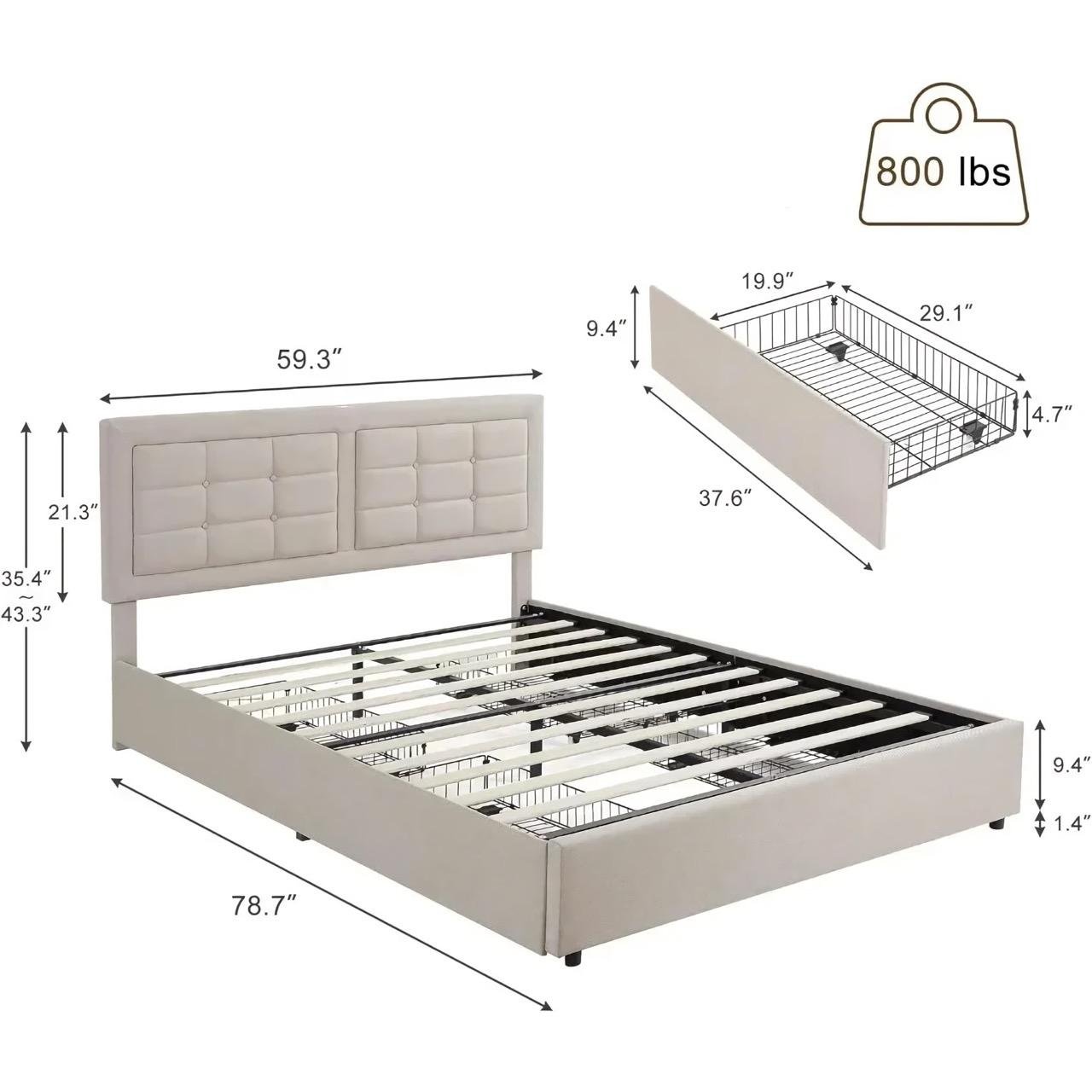 b1f01dd81462276c6969520bcd75e68a.jpeg-full Upgrade your bedroom with the ultimate blend of style, comfort, and practicality. Our Queen Size Bed Frame features four spacious storage drawers, a tufted upholstered headboard, and built-in USB charging ports, offering both elegance and modern convenience. The adjustable headboard ensures customized comfort, while the solid wood slats and noise-free design promise durability and a peaceful sleep. With a sleek design and ample storage, this bed frame is perfect for keeping your bedroom organized and stylish. Easy to assemble and built to last, it’s the perfect addition to any contemporary home.