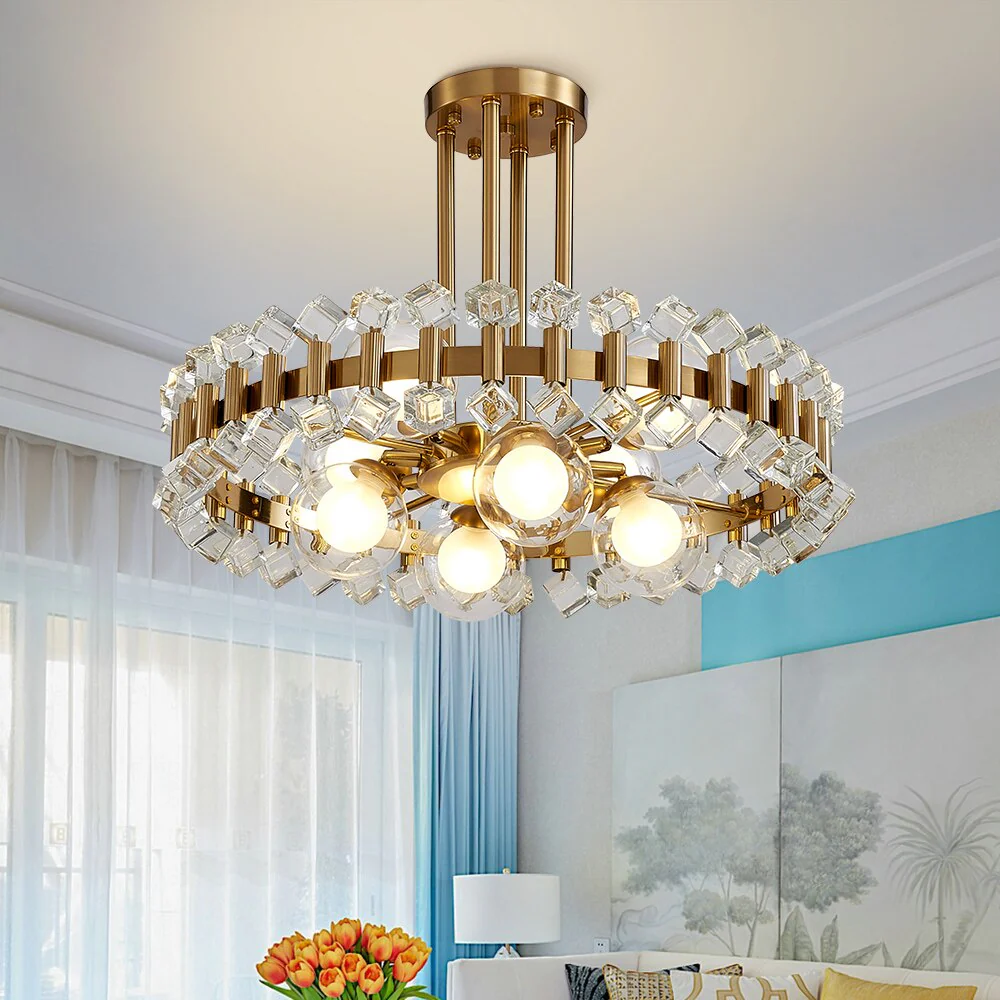 Transform your space with the Gold Round Modern Chandelier, a striking blend of elegance and modern design. Featuring a sleek gold finish and colorful stones that reflect light beautifully, this chandelier adds sophistication to any room. Perfect for living rooms, kitchens, dining areas, or bedrooms, it creates a warm, inviting ambiance. With included bulbs and hassle-free installation, it's ready to enhance your home decor immediately. Certified for safety and durability, this chandelier is the ideal statement piece to elevate your living space.