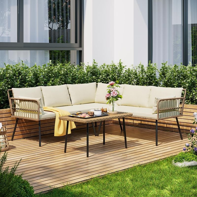 d06e711176c0fdc8b825428bc10b1e9b.jpg-full Transform your outdoor space with our 4-Piece Patio Furniture Set, designed for both style and comfort. This sectional sofa features thick, 2.8-inch memory foam cushions that offer cloud-like comfort, making it perfect for relaxation and entertainment. Built with durable materials, including weather-resistant polyester fabric and PE rattan, it’s ideal for year-round use. The detachable lounger allows for versatile configurations, making it suitable for patios, gardens, porches, and even indoor spaces. Easy to assemble and supports up to 794 lbs, this set is the perfect way to create a cozy, inviting retreat in your home.