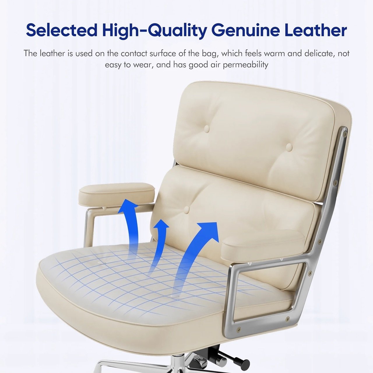 Enhance your sitting experience with the White Genuine Leather Mid-Back Office Chair, designed for both comfort and elegance. Whether at the office or home, its ergonomic design, premium materials, and adjustable features offer unparalleled support for long hours. The chair is built with a sturdy aluminum frame, a 350 lbs weight capacity, and 360-degree swivel wheels for mobility. Perfect for work, study, or gaming, it ensures style and durability in any environment.