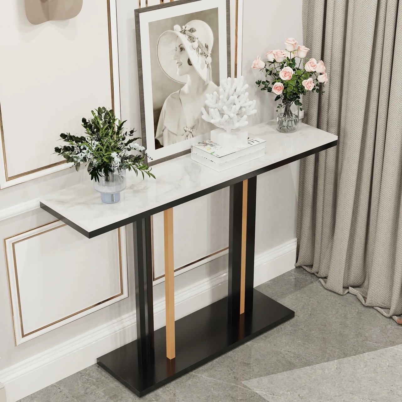 fb901fdbae80750dc7ae0afd8e80eae3.jpeg-full Enhance your space with the Contemporary Console Table featuring a sleek stone top and pedestal metal base. This stunning piece blends Nordic simplicity with modern luxury, making it the perfect addition to any hallway, entryway, or living room. The durable sintered stone top is resistant to scratches and high temperatures, while the anti-rust metal base ensures stability and longevity. With ample surface space for decor, lamps, or plants, it’s both a practical and stylish focal point. Easy to assemble and maintain, this table effortlessly combines elegance and functionality to elevate your home decor.