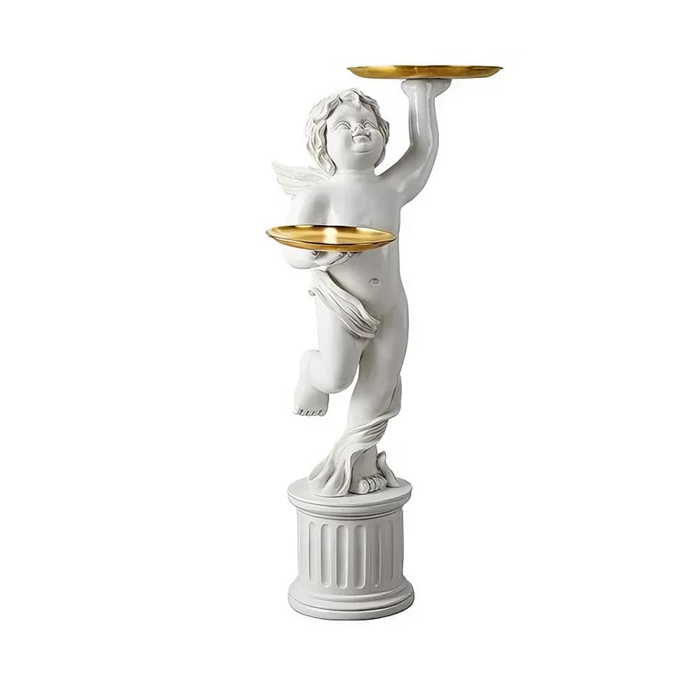 whitescc8c149f0cd74984837e94015d6ac511r-2 The European Style Cupid Angel Resin Statue is a perfect blend of elegance and practicality, bringing a touch of divine beauty to any room. Hand-carved from eco-friendly resin, this stunning statue features exquisite detail and is paired with a LINGAR metal tray for convenient storage of small items like keys, remote controls, or decorative pieces. The Roman column base adds both stability and artistic flair, making it an eye-catching accent in living rooms, bedrooms, or hallways. Available in white, gold, or vintage white, this versatile piece is ideal for homes or offices, offering both charm and functionality. Add this enchanting sculpture to your decor and enjoy its timeless beauty every day.