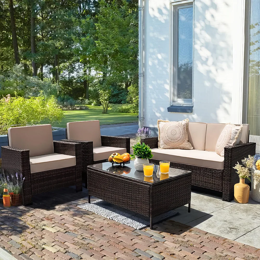 Transform your outdoor area into a stylish retreat with this elegant and durable wicker patio furniture set. Crafted with high-quality steel frames and handwoven rattan, it offers both comfort and resilience. The set includes plush, eco-friendly cushions with removable covers for easy cleaning, and a tempered glass coffee table for added sophistication. Perfect for your backyard, porch, or poolside, this versatile set blends minimalist design with functionality, making it ideal for lounging, entertaining, or simply enjoying the outdoors.
