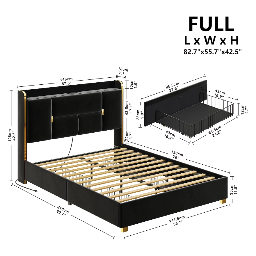 Upgrade your bedroom with our luxurious Upholstered Bed Frame, featuring a plush velvet headboard with built-in storage and a charging station. The headboard offers convenient shelves and hidden compartments for clutter-free organization, while four large drawers provide ample space for clothing and essentials. With a noise-free, easy assembly design, this sturdy bed frame supports up to 1200 lbs without the need for a box spring. Its elegant black velvet upholstery with gold accents adds a touch of sophistication, making it the perfect blend of style, comfort, and functionality for any modern bedroom.