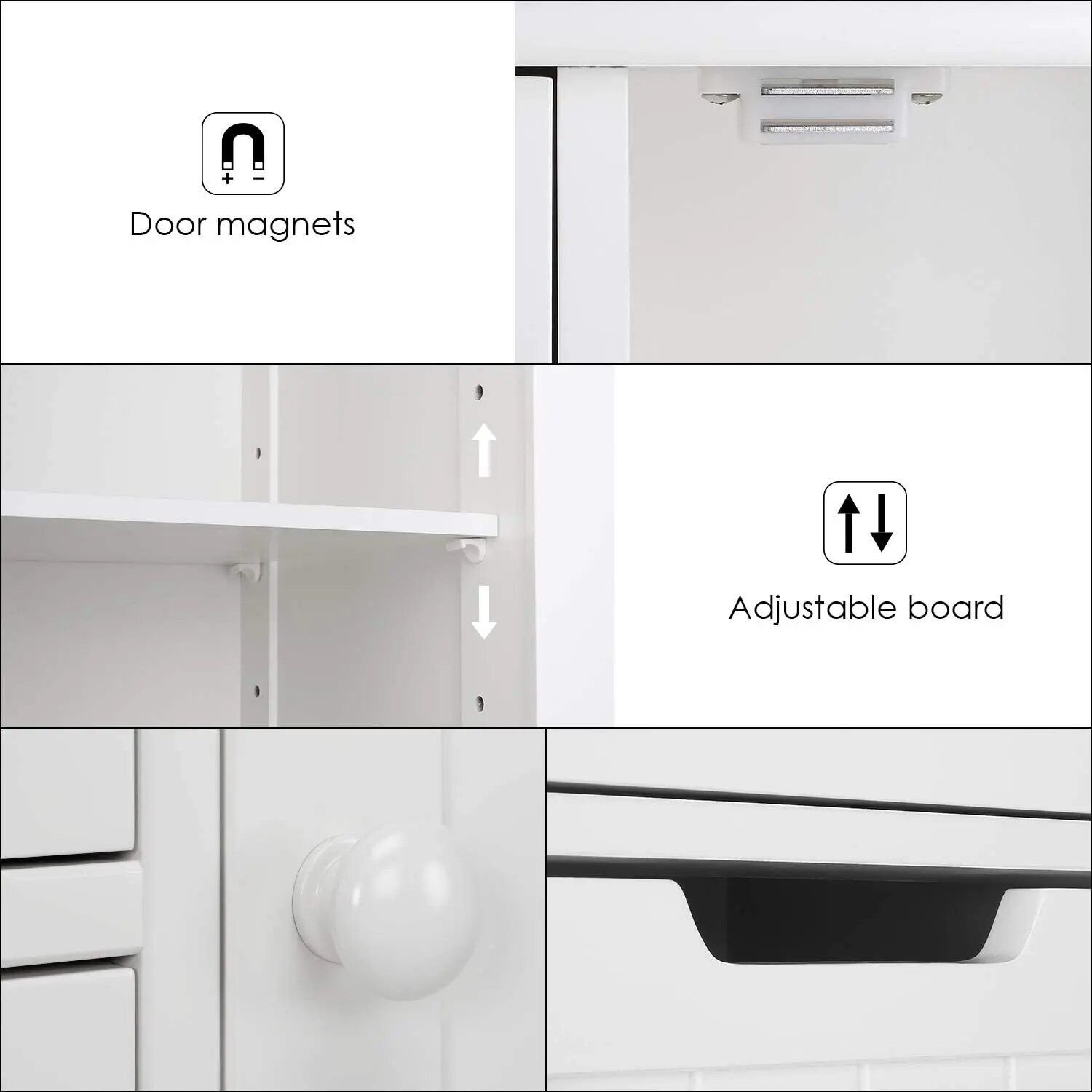 0943733a613c1385ac8715b91114b0fc.jpg-full Introducing our Elegant White Bathroom Storage Cabinet – the perfect blend of style and practicality for any bathroom. Featuring four spacious drawers and a door compartment with an adjustable shelf, this cabinet offers customizable storage while keeping your essentials organized and easily accessible. Crafted from high-quality MDF and finished with a smooth white lacquer, it’s durable, easy to clean, and complements any décor. With its sleek design, this versatile piece is also perfect for hallways or living rooms. Elevate your space with this functional and elegant storage solution today!