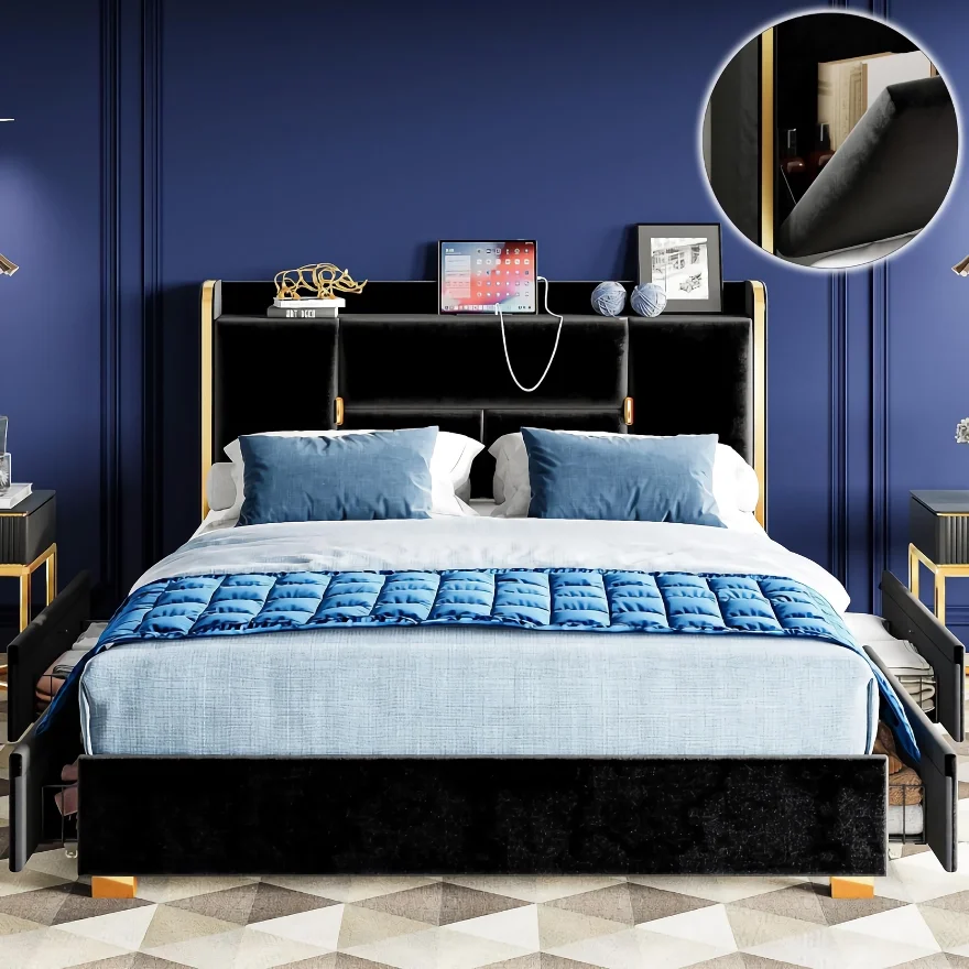 Upgrade your bedroom with our luxurious Upholstered Bed Frame, featuring a plush velvet headboard with built-in storage and a charging station. The headboard offers convenient shelves and hidden compartments for clutter-free organization, while four large drawers provide ample space for clothing and essentials. With a noise-free, easy assembly design, this sturdy bed frame supports up to 1200 lbs without the need for a box spring. Its elegant black velvet upholstery with gold accents adds a touch of sophistication, making it the perfect blend of style, comfort, and functionality for any modern bedroom.