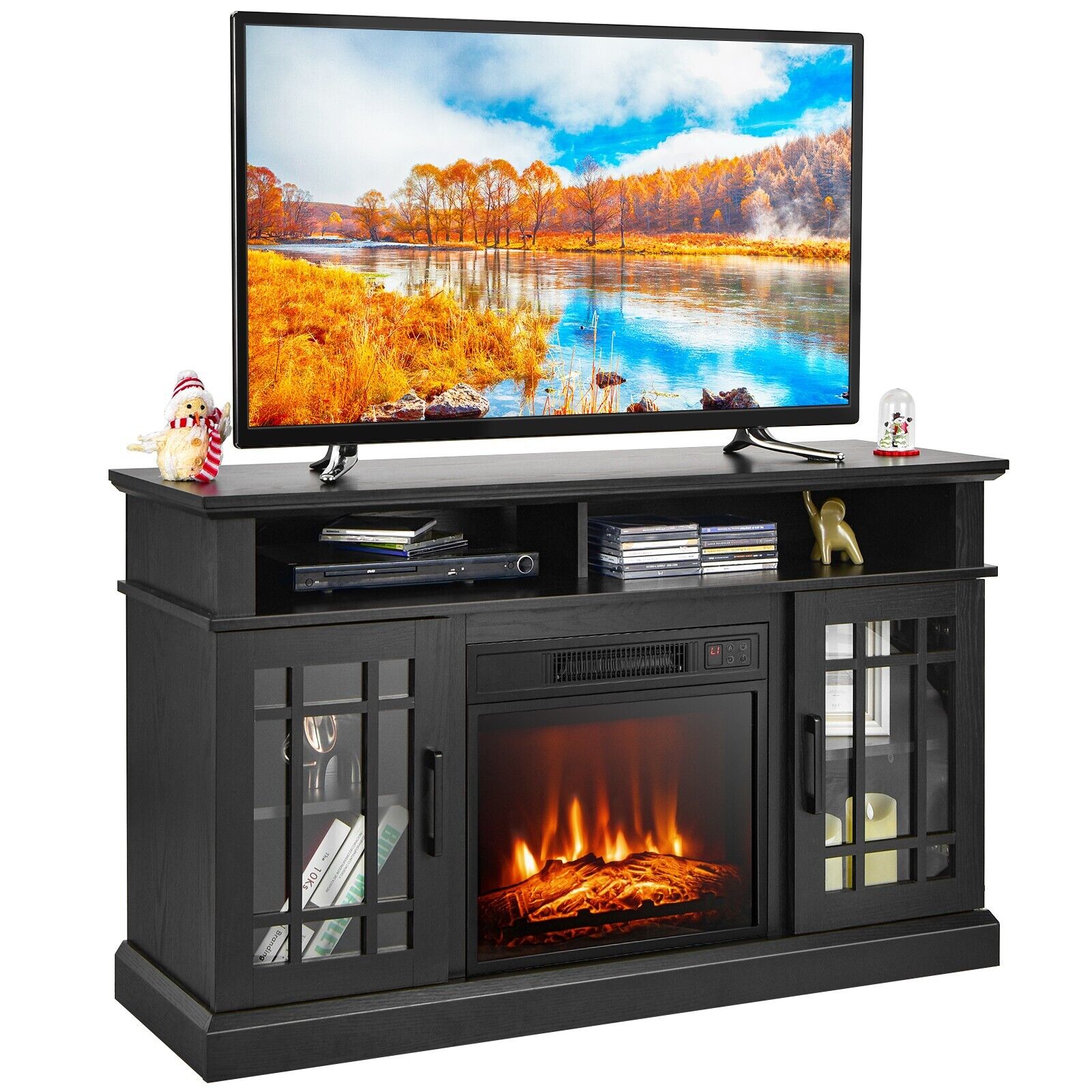 Create a cozy and stylish atmosphere with our Modern Black Electric Fireplace TV Stand, designed to fit TVs up to 55 inches. Featuring an 18-inch electric fireplace with adjustable heat settings, it provides warmth and ambiance with realistic LED flames and a quiet operation. The stand offers ample storage with a large tabletop, two open compartments, and side cabinets with adjustable shelves. With easy-to-use controls, overheat protection, and cable management for a tidy setup, this multi-functional piece enhances both the look and comfort of your living room or bedroom. Ideal for year-round use, it’s the perfect combination of elegance and practicality.