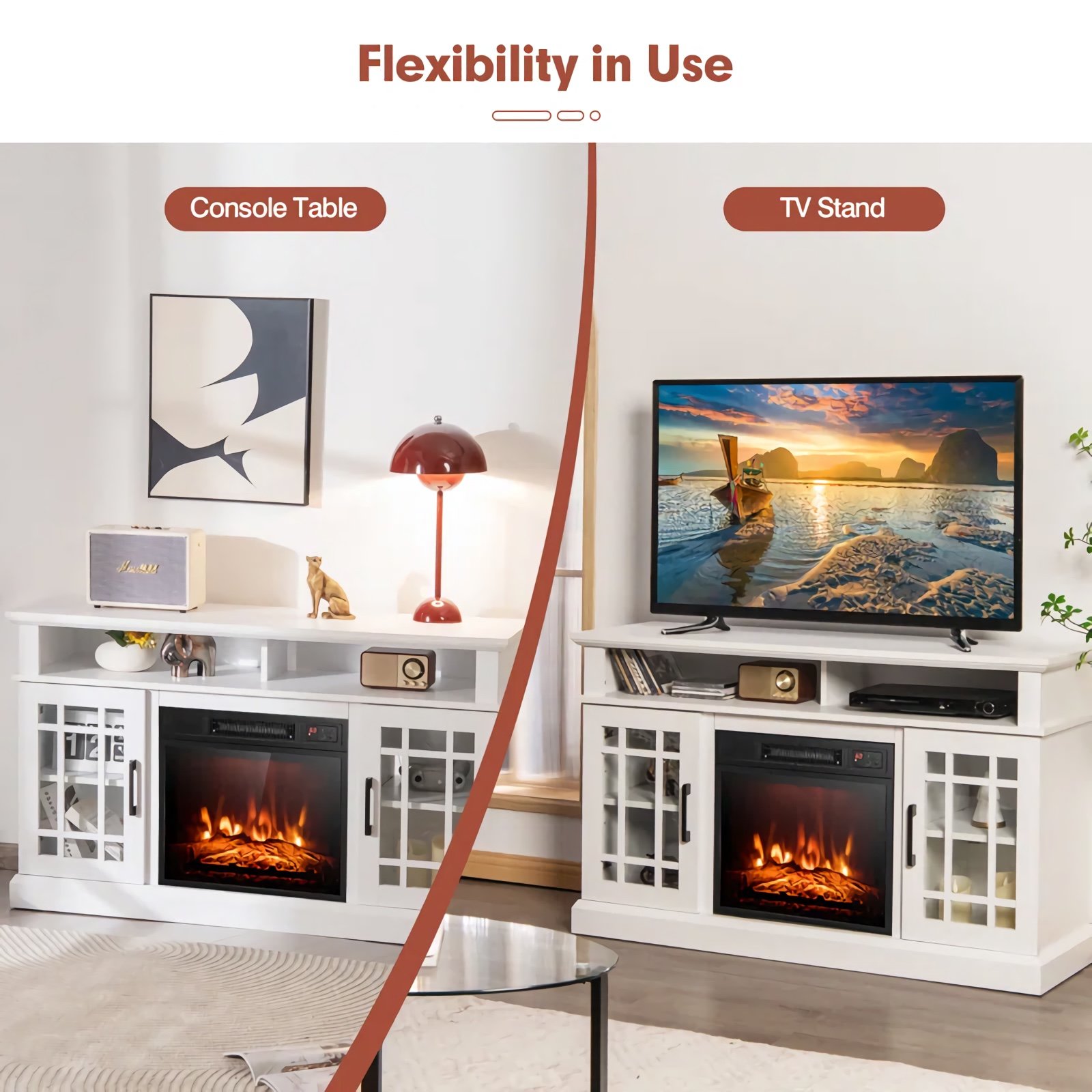 Create a cozy and stylish atmosphere with our Modern Black Electric Fireplace TV Stand, designed to fit TVs up to 55 inches. Featuring an 18-inch electric fireplace with adjustable heat settings, it provides warmth and ambiance with realistic LED flames and a quiet operation. The stand offers ample storage with a large tabletop, two open compartments, and side cabinets with adjustable shelves. With easy-to-use controls, overheat protection, and cable management for a tidy setup, this multi-functional piece enhances both the look and comfort of your living room or bedroom. Ideal for year-round use, it’s the perfect combination of elegance and practicality.