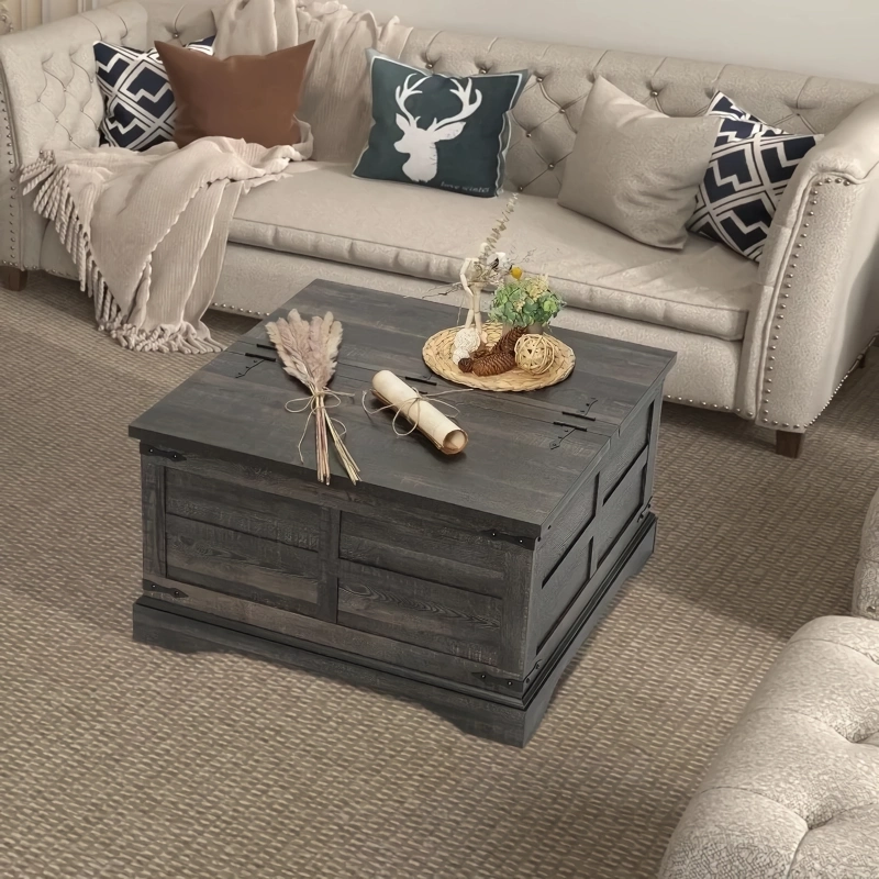 Add charm and functionality to your home with our Rustic Farmhouse Lift-Top Coffee Table. Featuring a spacious hidden storage compartment, this table effortlessly lifts to reveal ample space for blankets, magazines, or other essentials. Its pneumatic lift mechanism ensures smooth and secure operation, while black metal accents and a barn door motif bring rustic elegance to any room. With a reinforced solid base and versatile design, it serves as both a stylish centerpiece and a practical addition to your living space, perfect for work, dining, or relaxation.