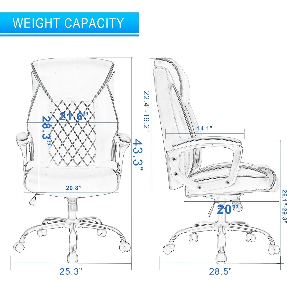 Experience exceptional comfort and support with our Big and Tall Ergonomic Office Chair, designed to accommodate a variety of body types. Perfect for long workdays or gaming marathons, this chair features a height-adjustable padded seat, customizable tilt controls, and supportive armrests for all-day comfort. With a durable metal base, smooth-rolling casters, and a weight capacity of 275 pounds, it's built for reliability and mobility. Ideal for home offices or gaming setups, this chair ensures comfort, productivity, and support every time you sit down.