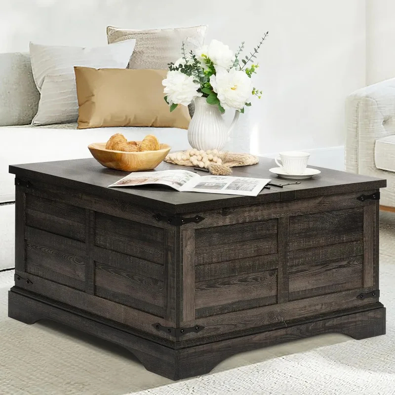 Add charm and functionality to your home with our Rustic Farmhouse Lift-Top Coffee Table. Featuring a spacious hidden storage compartment, this table effortlessly lifts to reveal ample space for blankets, magazines, or other essentials. Its pneumatic lift mechanism ensures smooth and secure operation, while black metal accents and a barn door motif bring rustic elegance to any room. With a reinforced solid base and versatile design, it serves as both a stylish centerpiece and a practical addition to your living space, perfect for work, dining, or relaxation.