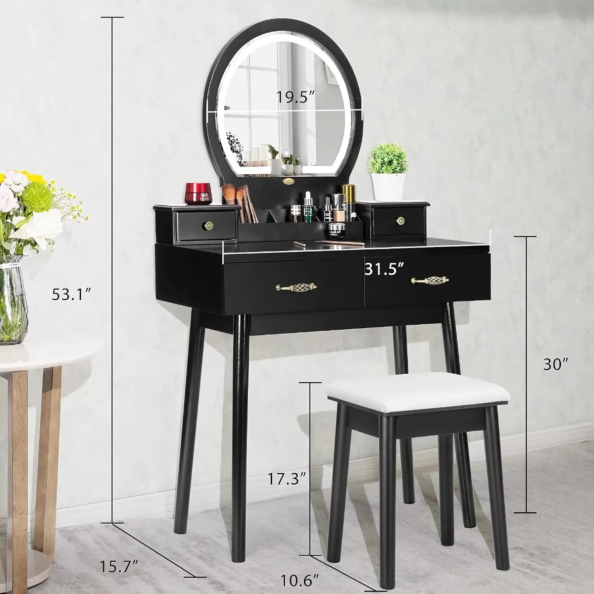 The Modern Vanity Set seamlessly blends style and functionality, featuring a sleek black finish and minimalist design. It includes a lighted mirror with three adjustable settings—cold, natural, and warm light—for flawless makeup application. With smart storage solutions, including small and large drawers, it keeps your essentials organized. Built from high-quality MDF and pine wood, the durable set also doubles as a compact desk, perfect for small spaces. Ideal for adding elegance and efficiency to any room, this vanity set is the ultimate solution for a stylish and organized daily routine.