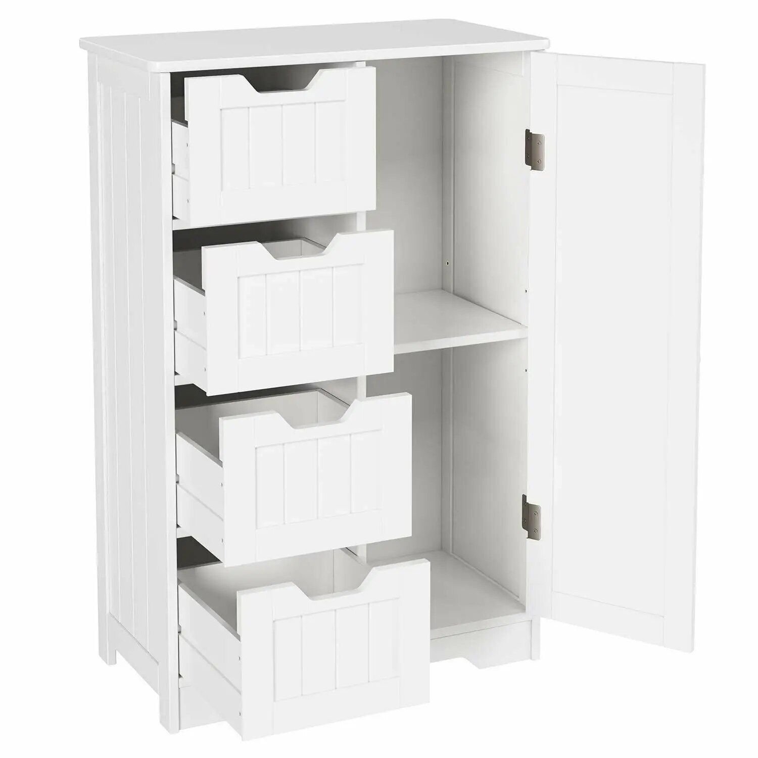 20861d5f740ef757bebd37100157a1c5.jpg-full Introducing our Elegant White Bathroom Storage Cabinet – the perfect blend of style and practicality for any bathroom. Featuring four spacious drawers and a door compartment with an adjustable shelf, this cabinet offers customizable storage while keeping your essentials organized and easily accessible. Crafted from high-quality MDF and finished with a smooth white lacquer, it’s durable, easy to clean, and complements any décor. With its sleek design, this versatile piece is also perfect for hallways or living rooms. Elevate your space with this functional and elegant storage solution today!