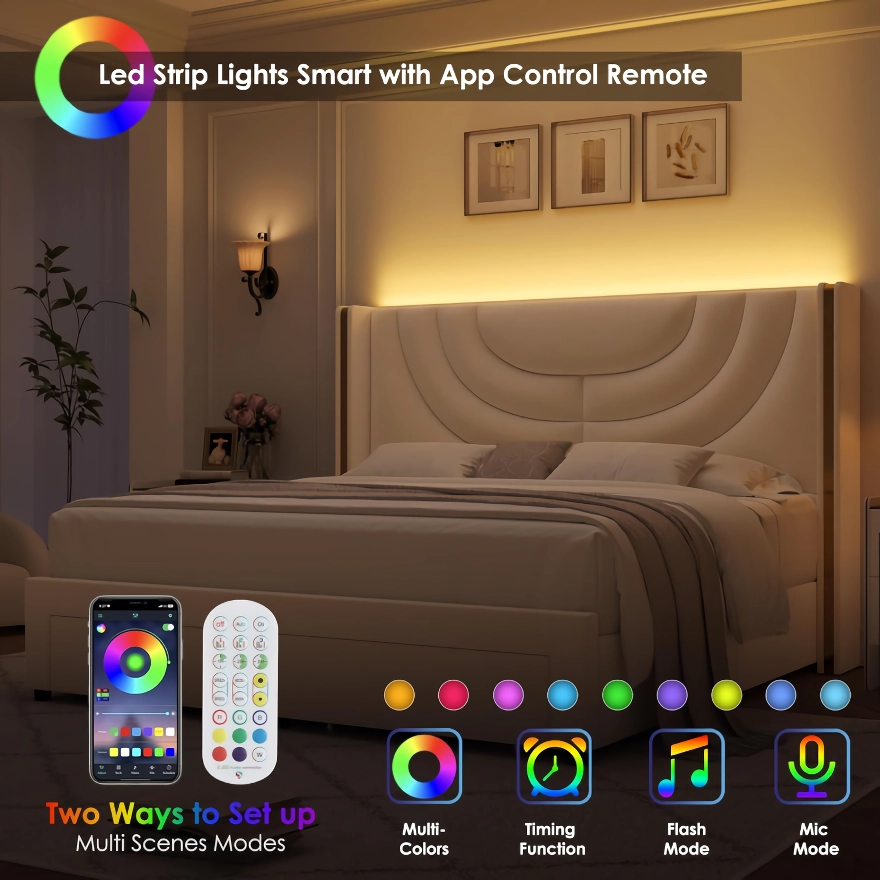 Transform your bedroom into a modern retreat with our LED Bed Frame, combining sleek design, ambient lighting, and practical storage. Featuring RGB LED lighting on the headboard, adjustable via app or remote, this bed sets the perfect mood for relaxation. It also includes two large storage drawers, ideal for keeping your space organized and clutter-free. With a sturdy construction supporting up to 1000 lbs and a slat system that eliminates the need for a box spring, this bed offers both comfort and convenience. Perfect for small spaces, it provides style, functionality, and a serene atmosphere all in one.