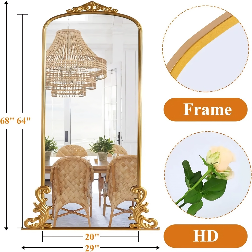 3cd11b4c6b35539c0a25fef11a809903 Elevate your home with the Vintage Arched Full-Length Mirror, a perfect blend of timeless elegance and functional design. Featuring a beautifully carved metal frame in a luxurious gold finish, this mirror adds a touch of traditional glamour and farmhouse charm to any room. At 68