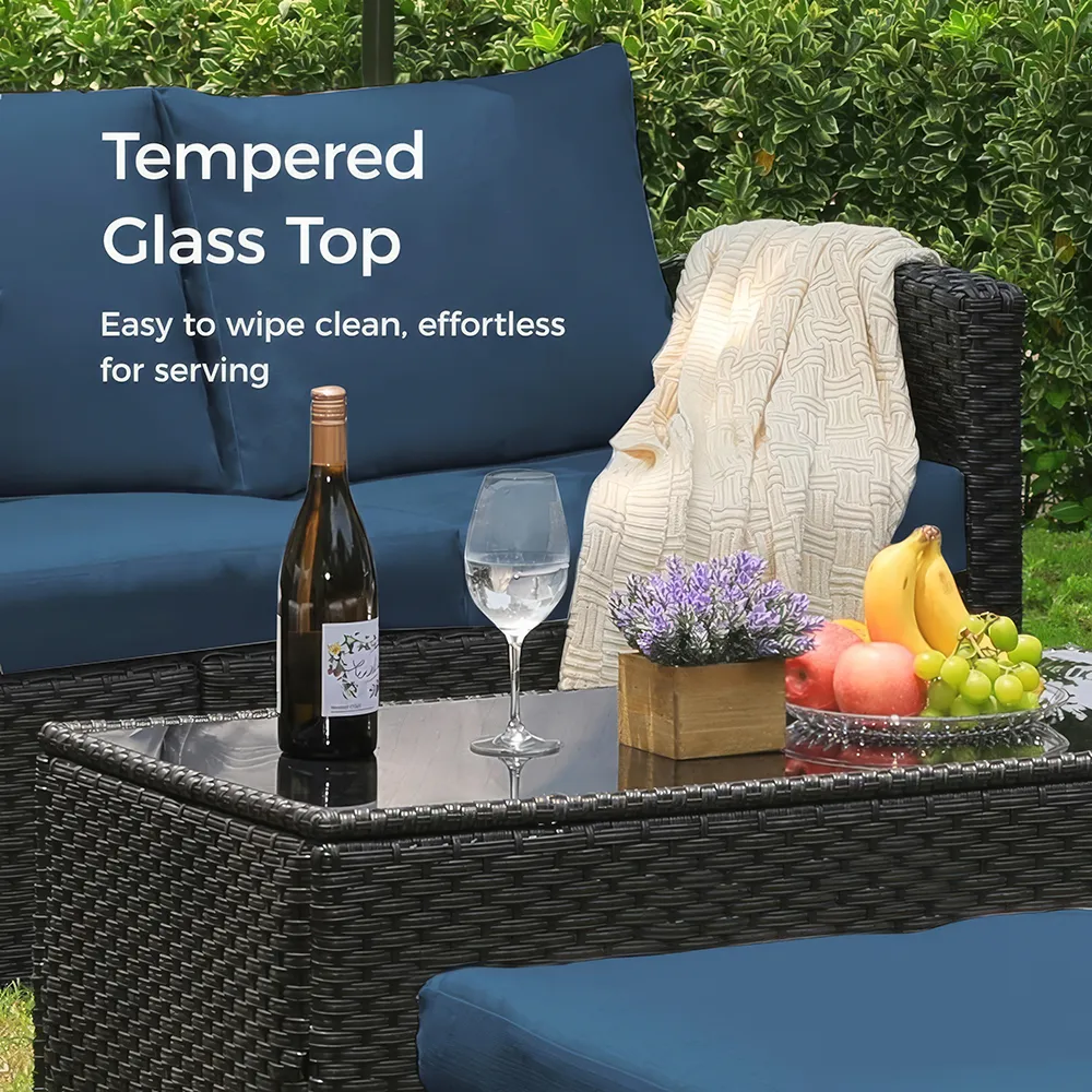 3eab47f73d23531042c5c5bc1c9a8c03 Upgrade your outdoor living with the Luxury Wicker Outdoor Sectional Sofa Set. This sleek, modern set combines comfort and durability, making it the perfect addition to your balcony, backyard, or poolside. Featuring plush sponge-padded cushions, a rust-resistant steel frame, and all-weather PE rattan, it offers long-lasting relaxation and elegance. The spacious wicker coffee table adds both style and functionality, while the removable, machine-washable cushion covers ensure easy maintenance. Create a stylish, comfortable outdoor retreat with this versatile sectional set, ideal for lounging or entertaining.