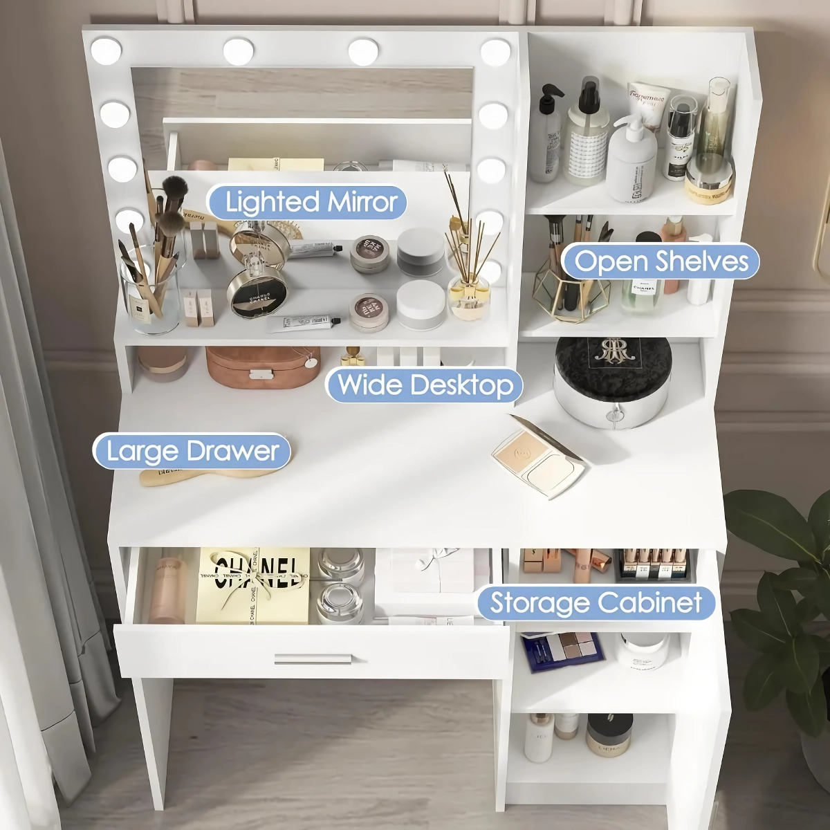 455db1cb166735d3c84f3e68b7842214 Transform your bedroom into a stylish and functional dressing area with our Modern Minimalist Bedroom Dresser. Featuring adjustable LED lighting with 12 bulbs, it provides customizable brightness and ambiance for any time of day. Ample storage includes an oversized drawer, three shelves, and triple cabinets, ensuring you have space for all your beauty essentials. Crafted from eco-friendly engineered wood and sturdy metal brackets, this dresser offers both durability and elegance. Perfect for enhancing your daily routine, this piece combines modern design with practical storage.