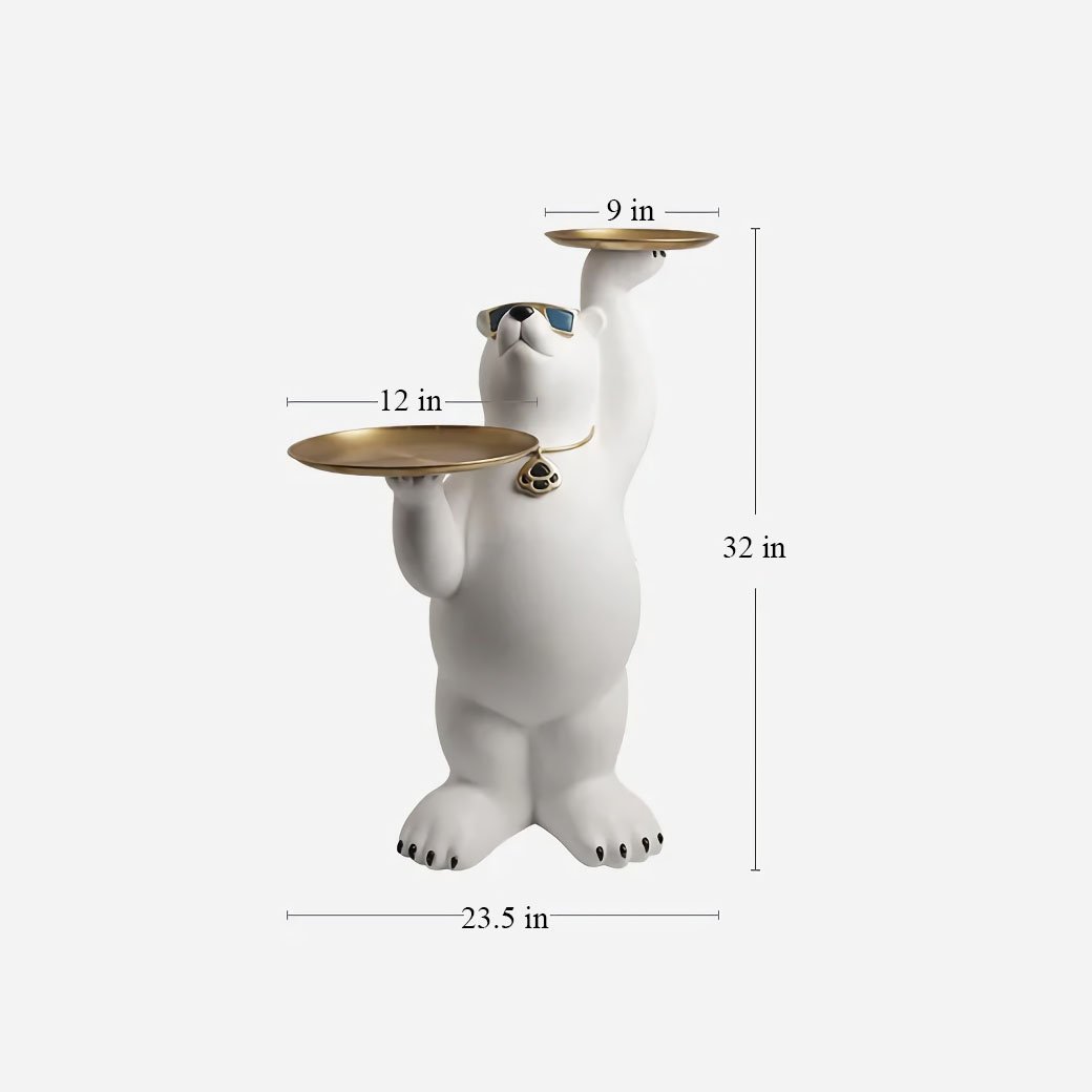 Add a touch of whimsy and elegance to your home with the Luxurious White Bear Tray Sculpture. Standing 81cm tall, this charming bear statue holds two round metal trays, offering both decorative flair and practical storage. Crafted from high-quality resin, its adorable face and delicate design bring a warm, romantic vibe to any room. Perfect for holding keys, jewelry, or decorative items, this unique piece is ideal for living rooms, bedrooms, or porches. A perfect blend of functionality and style, this sculpture is a must-have for any space!