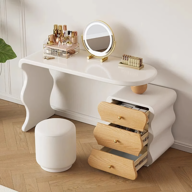 Introducing the Modern Minimalist Vanity Desk, the perfect blend of style, functionality, and comfort for your personal space. Crafted from solid wood, this vanity desk features a sleek design with two spacious drawers to keep your essentials organized. The elegant mirror and comfortable makeup stool create a luxurious grooming experience, while its minimalist style complements any décor. Ideal for daily beauty routines or quick touch-ups, this vanity desk transforms your bedroom into a chic, clutter-free haven. Easy to assemble and built to last, it's the perfect addition to elevate your space.
