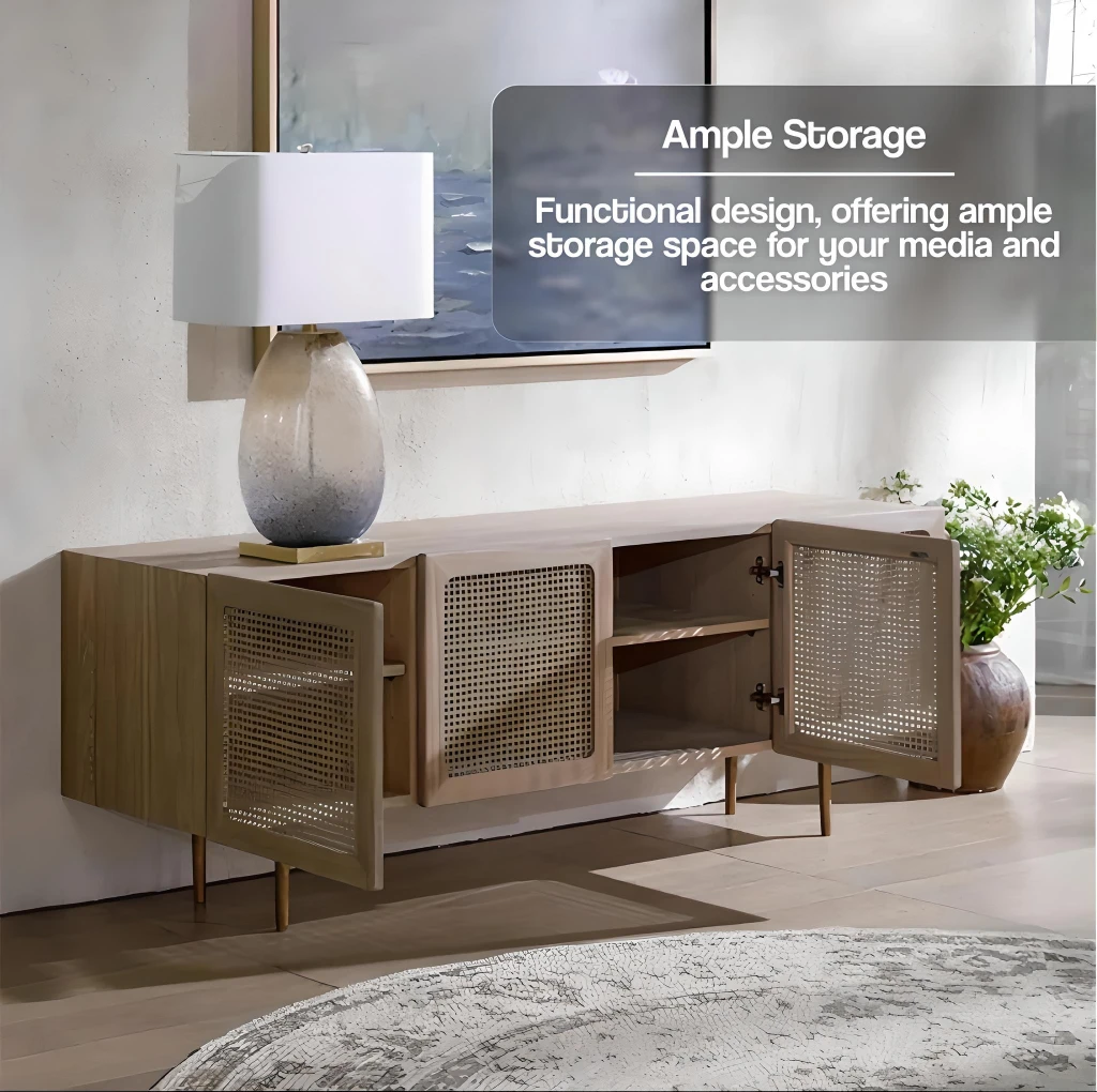Introducing the Scandinavian Modern Rattan TV Cabinet—a perfect fusion of style and functionality. Crafted from solid wood with chic rattan detailing, this TV cabinet brings timeless Scandinavian design into your living room. Offering ample storage for media and accessories, its clean lines and natural wood finish create a warm, inviting ambiance. Easy to install and built for durability, this cabinet elevates any modern or minimalist space. Order today and add a touch of elegance and practicality to your home.
