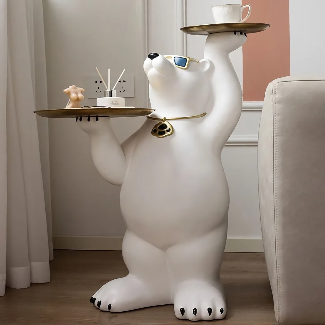 Add a touch of whimsy and elegance to your home with the Luxurious White Bear Tray Sculpture. Standing 81cm tall, this charming bear statue holds two round metal trays, offering both decorative flair and practical storage. Crafted from high-quality resin, its adorable face and delicate design bring a warm, romantic vibe to any room. Perfect for holding keys, jewelry, or decorative items, this unique piece is ideal for living rooms, bedrooms, or porches. A perfect blend of functionality and style, this sculpture is a must-have for any space!