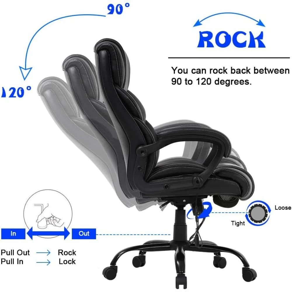5a31f1a0ae207737b37386d658270d48.jpg-full Introducing the Big and Tall Office Chair, designed to provide exceptional comfort for extended work sessions. Upholstered in soft PU leather, this executive chair features extra-thick cushioning, offering maximum comfort for users up to 400lbs. The robust commercial-grade components ensure lasting support, making it perfect for heavy-duty use.