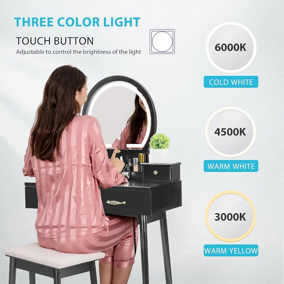 The Modern Vanity Set seamlessly blends style and functionality, featuring a sleek black finish and minimalist design. It includes a lighted mirror with three adjustable settings—cold, natural, and warm light—for flawless makeup application. With smart storage solutions, including small and large drawers, it keeps your essentials organized. Built from high-quality MDF and pine wood, the durable set also doubles as a compact desk, perfect for small spaces. Ideal for adding elegance and efficiency to any room, this vanity set is the ultimate solution for a stylish and organized daily routine.