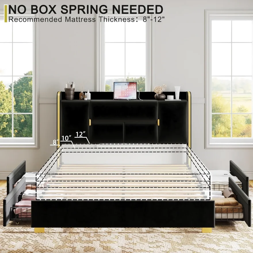 Upgrade your bedroom with our luxurious Upholstered Bed Frame, featuring a plush velvet headboard with built-in storage and a charging station. The headboard offers convenient shelves and hidden compartments for clutter-free organization, while four large drawers provide ample space for clothing and essentials. With a noise-free, easy assembly design, this sturdy bed frame supports up to 1200 lbs without the need for a box spring. Its elegant black velvet upholstery with gold accents adds a touch of sophistication, making it the perfect blend of style, comfort, and functionality for any modern bedroom.
