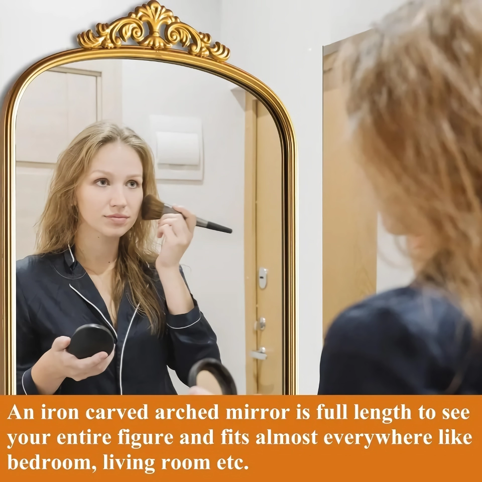 685a3ab86a0ca7391521e419d210264d Elevate your home with the Vintage Arched Full-Length Mirror, a perfect blend of timeless elegance and functional design. Featuring a beautifully carved metal frame in a luxurious gold finish, this mirror adds a touch of traditional glamour and farmhouse charm to any room. At 68