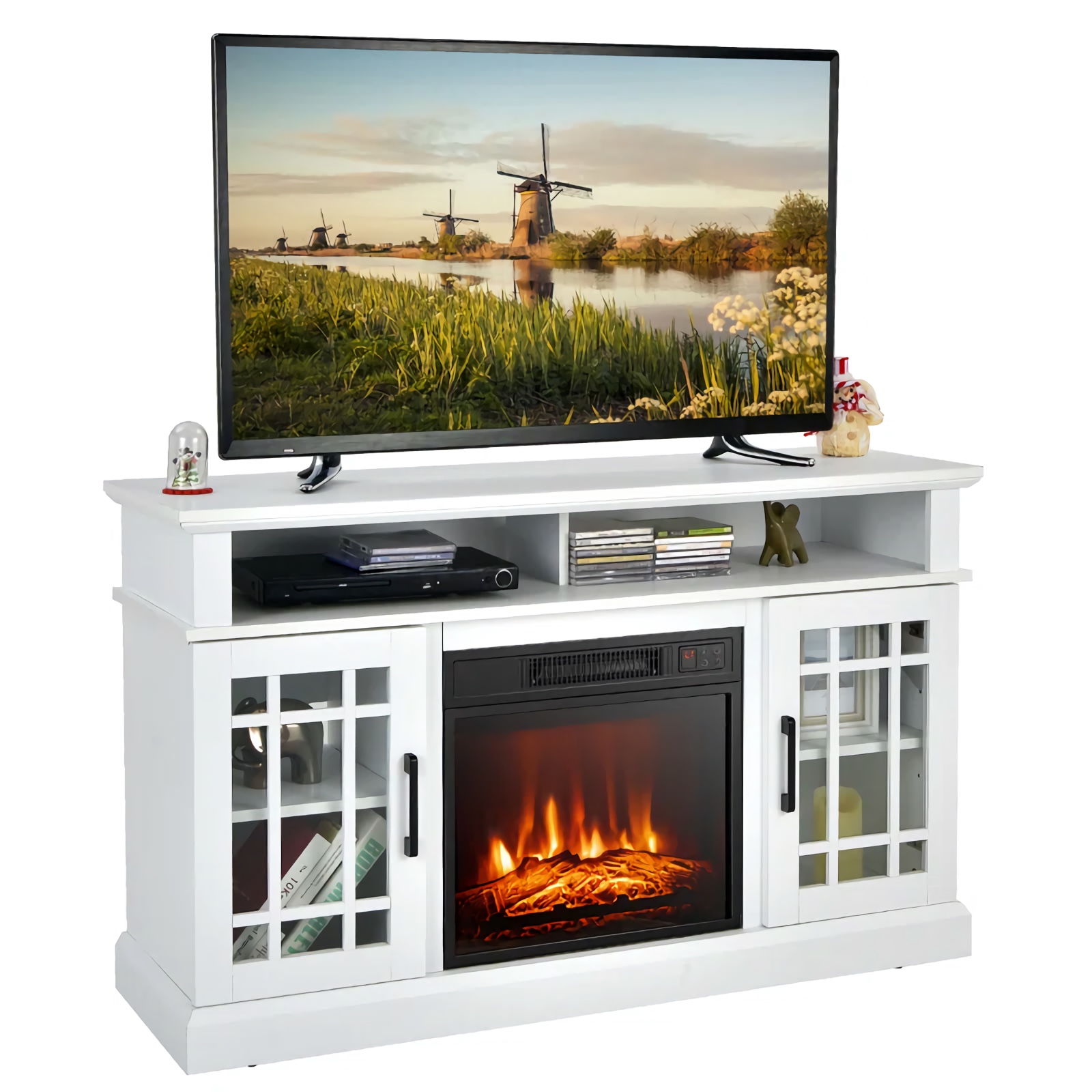Create a cozy and stylish atmosphere with our Modern Black Electric Fireplace TV Stand, designed to fit TVs up to 55 inches. Featuring an 18-inch electric fireplace with adjustable heat settings, it provides warmth and ambiance with realistic LED flames and a quiet operation. The stand offers ample storage with a large tabletop, two open compartments, and side cabinets with adjustable shelves. With easy-to-use controls, overheat protection, and cable management for a tidy setup, this multi-functional piece enhances both the look and comfort of your living room or bedroom. Ideal for year-round use, it’s the perfect combination of elegance and practicality.