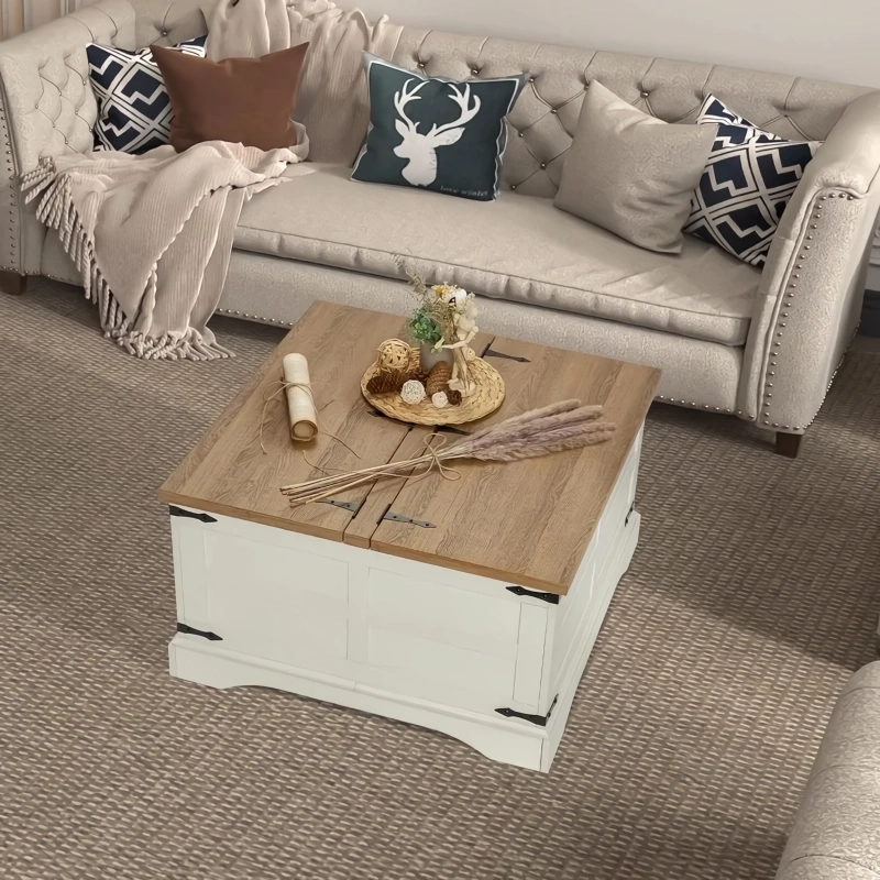 Add charm and functionality to your home with our Rustic Farmhouse Lift-Top Coffee Table. Featuring a spacious hidden storage compartment, this table effortlessly lifts to reveal ample space for blankets, magazines, or other essentials. Its pneumatic lift mechanism ensures smooth and secure operation, while black metal accents and a barn door motif bring rustic elegance to any room. With a reinforced solid base and versatile design, it serves as both a stylish centerpiece and a practical addition to your living space, perfect for work, dining, or relaxation.