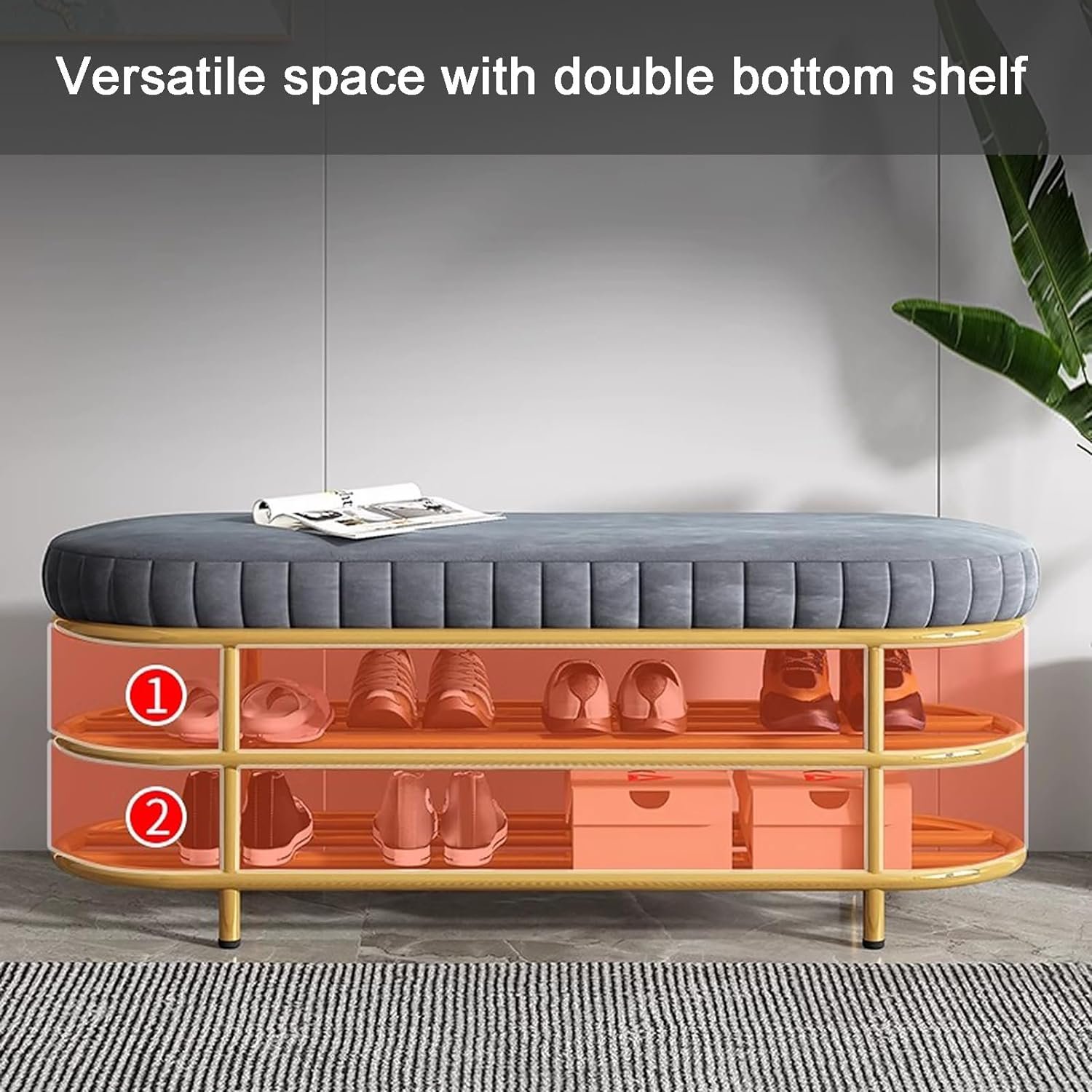 71irct7tnpl-ac-sl1500.jpg-full Elevate your entryway with our Velvet Shoe Storage Bench Ottoman, a stylish and functional addition to any home. Featuring a soft velvet surface and sturdy iron frame, this multi-purpose bench offers a comfortable spot to sit while storing your shoes on its 2-tier rack. Available in sizes from 60cm to 120cm, it fits seamlessly into any space. With its modern minimalist design, this bench helps keep your home organized while adding a touch of luxury to your décor. Ready to use with no assembly required—transform your home with elegance and practicality today!