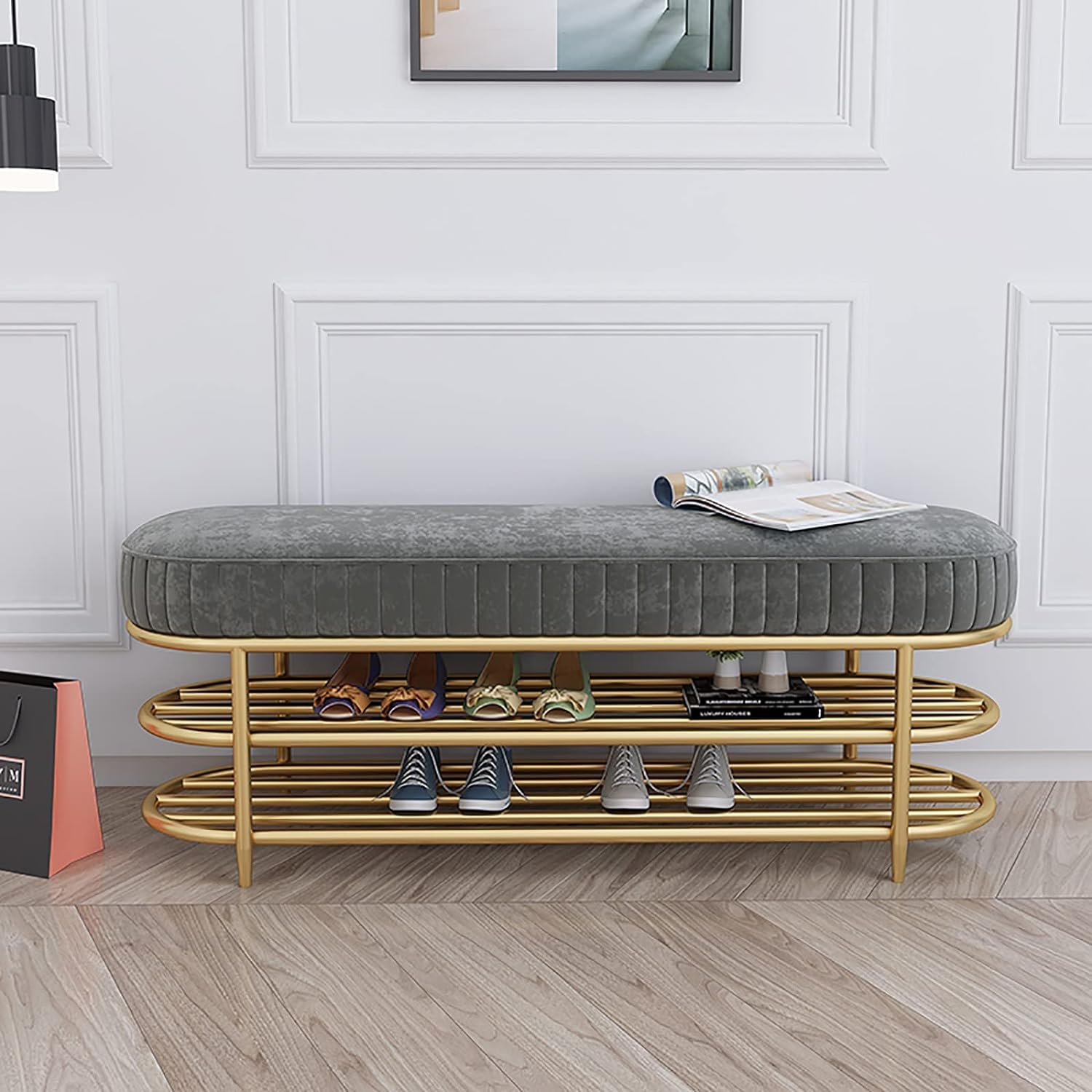 71irjjbgu-s-ac-sl1500.jpg-full Elevate your entryway with our Velvet Shoe Storage Bench Ottoman, a stylish and functional addition to any home. Featuring a soft velvet surface and sturdy iron frame, this multi-purpose bench offers a comfortable spot to sit while storing your shoes on its 2-tier rack. Available in sizes from 60cm to 120cm, it fits seamlessly into any space. With its modern minimalist design, this bench helps keep your home organized while adding a touch of luxury to your décor. Ready to use with no assembly required—transform your home with elegance and practicality today!