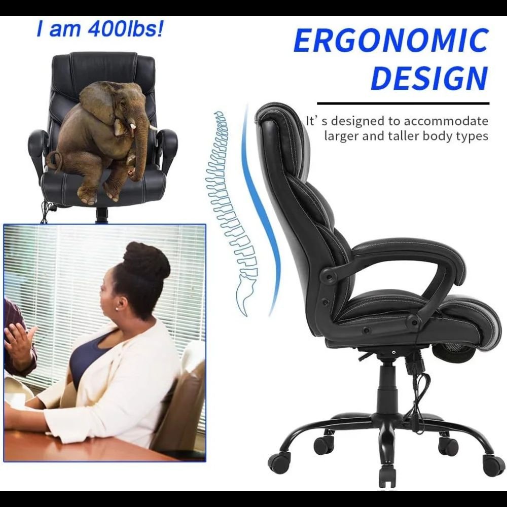 7d7d21280a71d81fc5d39a55211deb8b.jpg-full Introducing the Big and Tall Office Chair, designed to provide exceptional comfort for extended work sessions. Upholstered in soft PU leather, this executive chair features extra-thick cushioning, offering maximum comfort for users up to 400lbs. The robust commercial-grade components ensure lasting support, making it perfect for heavy-duty use.