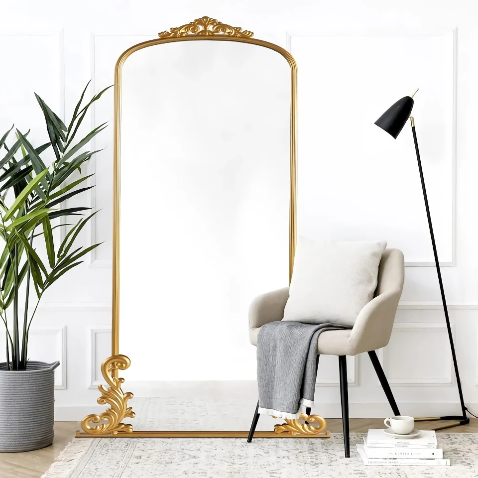 8bd852807ae4bd26e91fbdfff4a21df3 Elevate your home with the Vintage Arched Full-Length Mirror, a perfect blend of timeless elegance and functional design. Featuring a beautifully carved metal frame in a luxurious gold finish, this mirror adds a touch of traditional glamour and farmhouse charm to any room. At 68