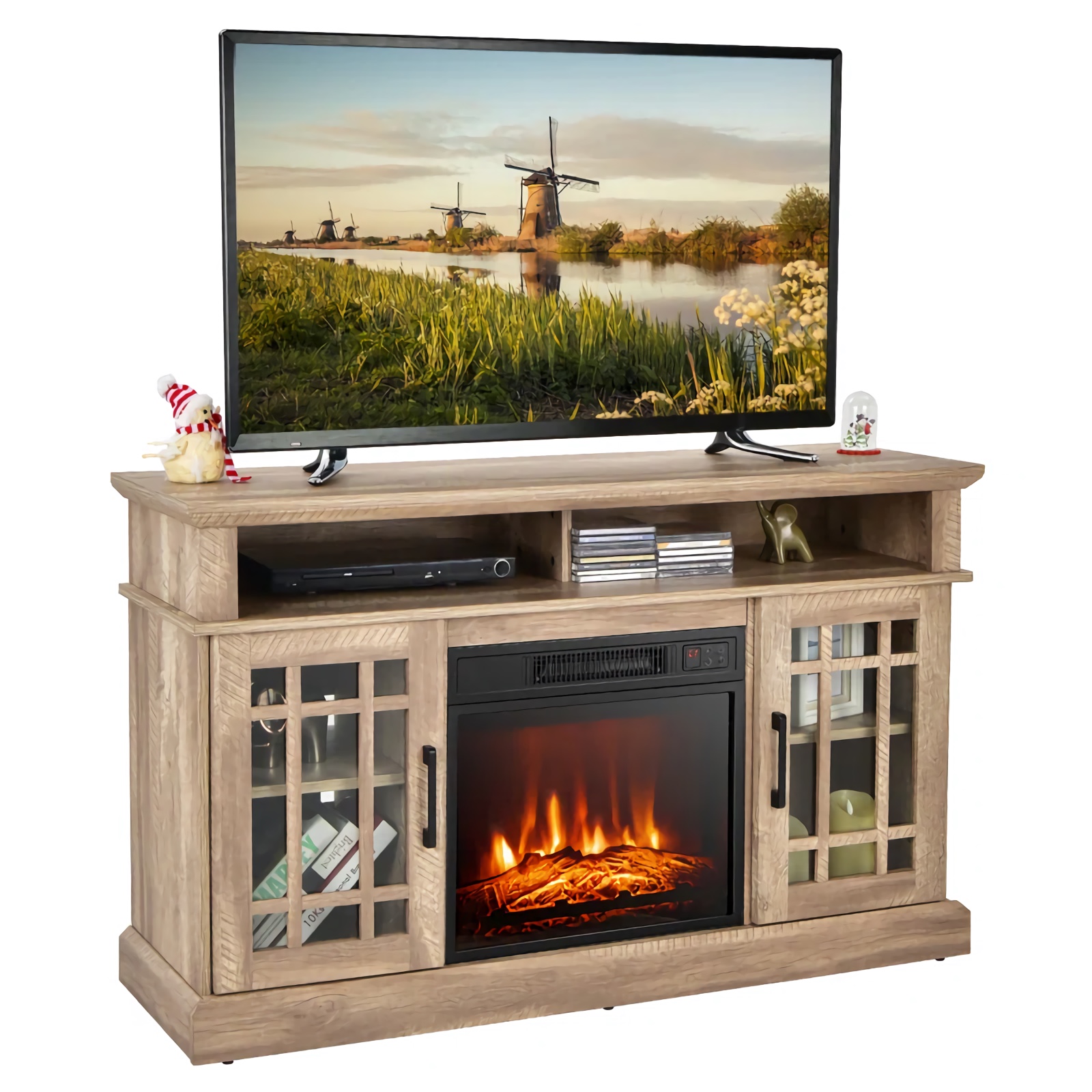 Create a cozy and stylish atmosphere with our Modern Black Electric Fireplace TV Stand, designed to fit TVs up to 55 inches. Featuring an 18-inch electric fireplace with adjustable heat settings, it provides warmth and ambiance with realistic LED flames and a quiet operation. The stand offers ample storage with a large tabletop, two open compartments, and side cabinets with adjustable shelves. With easy-to-use controls, overheat protection, and cable management for a tidy setup, this multi-functional piece enhances both the look and comfort of your living room or bedroom. Ideal for year-round use, it’s the perfect combination of elegance and practicality.