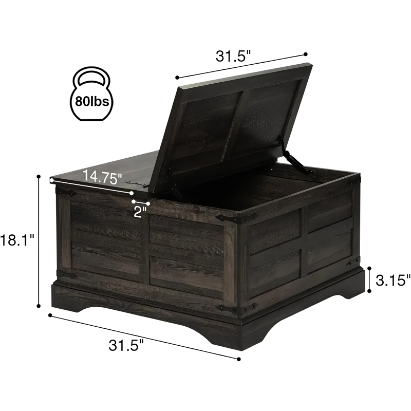 Add charm and functionality to your home with our Rustic Farmhouse Lift-Top Coffee Table. Featuring a spacious hidden storage compartment, this table effortlessly lifts to reveal ample space for blankets, magazines, or other essentials. Its pneumatic lift mechanism ensures smooth and secure operation, while black metal accents and a barn door motif bring rustic elegance to any room. With a reinforced solid base and versatile design, it serves as both a stylish centerpiece and a practical addition to your living space, perfect for work, dining, or relaxation.