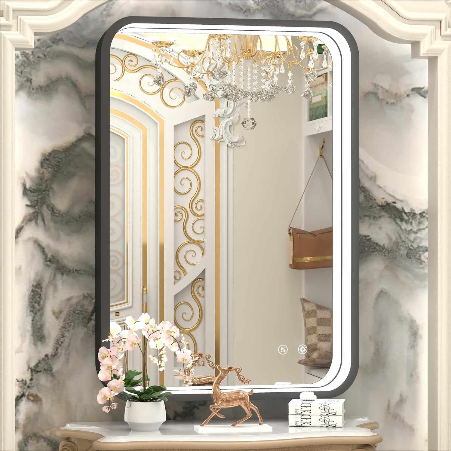 Elevate your bathroom with the Black Metal Frame LED Bathroom Mirror, designed to blend elegance with practicality. This wall-mounted mirror features dimmable lighting, an anti-fog function, and a sleek black metal frame for a modern, luxurious look. The adjustable brightness ensures perfect lighting for makeup, shaving, or grooming, while the eco-friendly, shatterproof glass and IP54 waterproof rating make it safe and durable for everyday use. With easy installation and energy-efficient features, this mirror is the perfect addition to any bathroom.