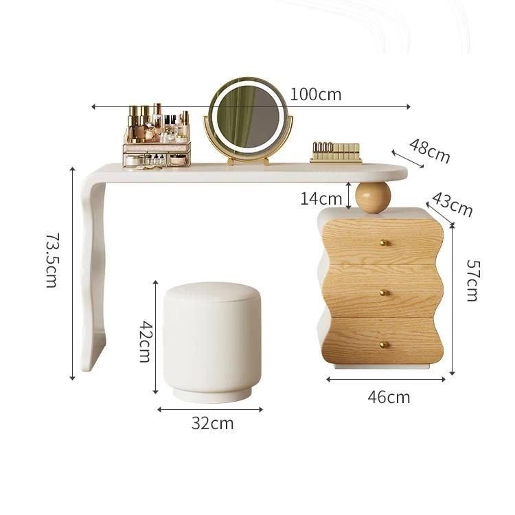 Introducing the Modern Minimalist Vanity Desk, the perfect blend of style, functionality, and comfort for your personal space. Crafted from solid wood, this vanity desk features a sleek design with two spacious drawers to keep your essentials organized. The elegant mirror and comfortable makeup stool create a luxurious grooming experience, while its minimalist style complements any décor. Ideal for daily beauty routines or quick touch-ups, this vanity desk transforms your bedroom into a chic, clutter-free haven. Easy to assemble and built to last, it's the perfect addition to elevate your space.
