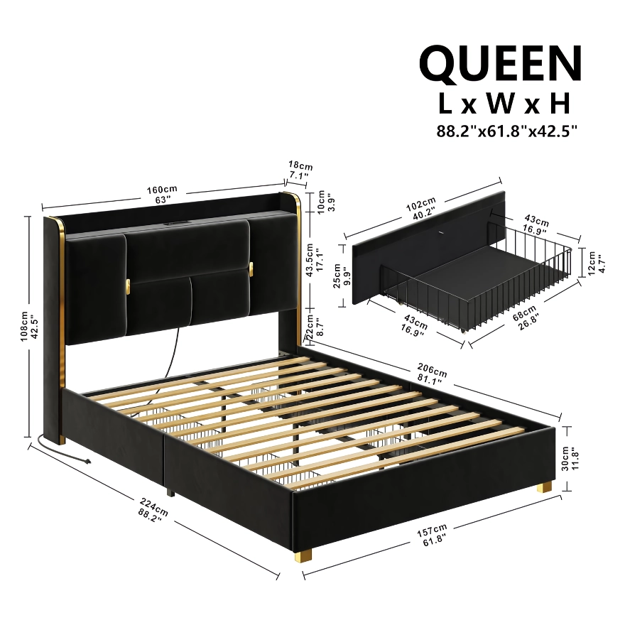 Upgrade your bedroom with our luxurious Upholstered Bed Frame, featuring a plush velvet headboard with built-in storage and a charging station. The headboard offers convenient shelves and hidden compartments for clutter-free organization, while four large drawers provide ample space for clothing and essentials. With a noise-free, easy assembly design, this sturdy bed frame supports up to 1200 lbs without the need for a box spring. Its elegant black velvet upholstery with gold accents adds a touch of sophistication, making it the perfect blend of style, comfort, and functionality for any modern bedroom.