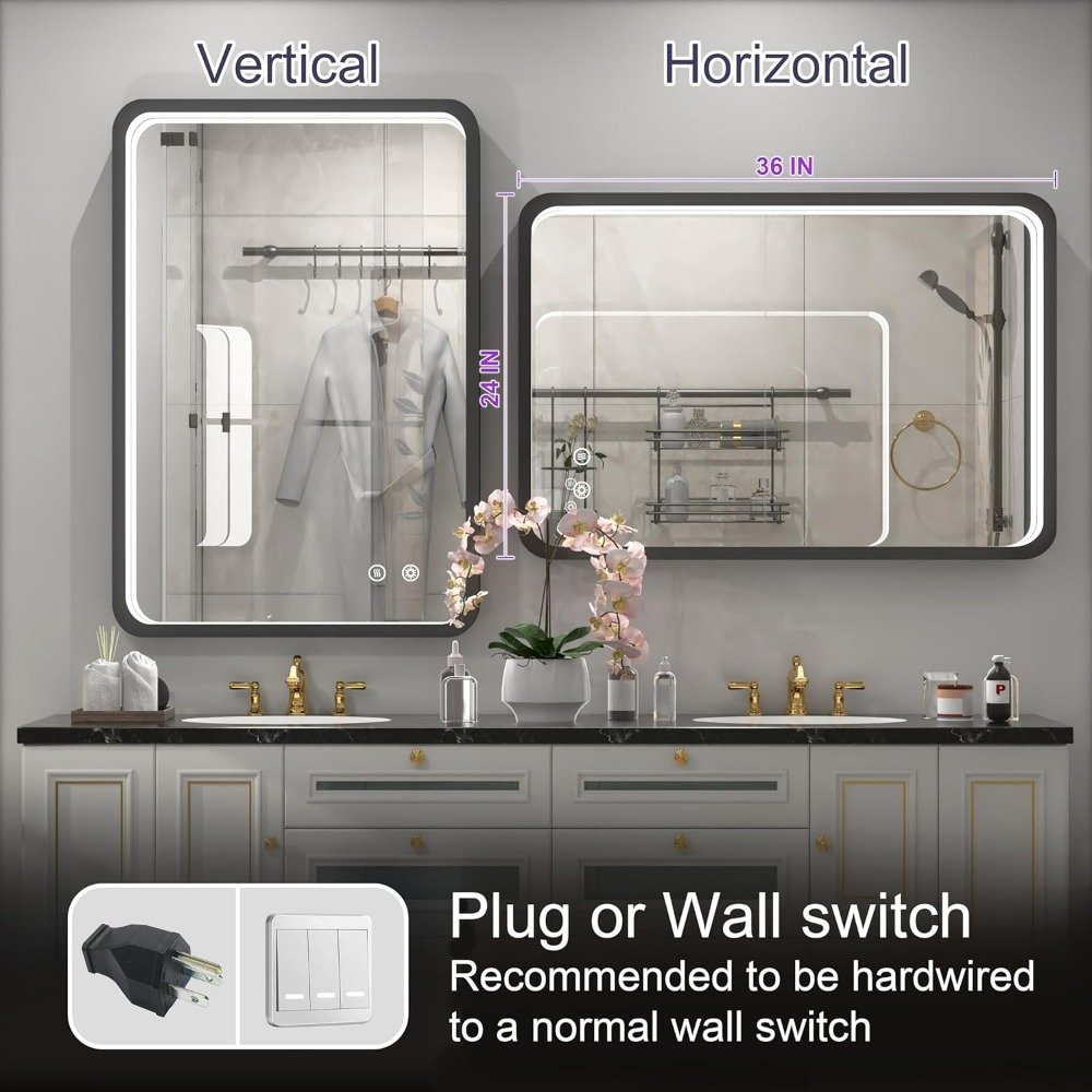 Elevate your bathroom with the Black Metal Frame LED Bathroom Mirror, designed to blend elegance with practicality. This wall-mounted mirror features dimmable lighting, an anti-fog function, and a sleek black metal frame for a modern, luxurious look. The adjustable brightness ensures perfect lighting for makeup, shaving, or grooming, while the eco-friendly, shatterproof glass and IP54 waterproof rating make it safe and durable for everyday use. With easy installation and energy-efficient features, this mirror is the perfect addition to any bathroom.