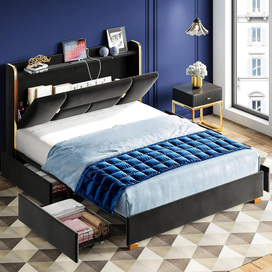 Upgrade your bedroom with our luxurious Upholstered Bed Frame, featuring a plush velvet headboard with built-in storage and a charging station. The headboard offers convenient shelves and hidden compartments for clutter-free organization, while four large drawers provide ample space for clothing and essentials. With a noise-free, easy assembly design, this sturdy bed frame supports up to 1200 lbs without the need for a box spring. Its elegant black velvet upholstery with gold accents adds a touch of sophistication, making it the perfect blend of style, comfort, and functionality for any modern bedroom.